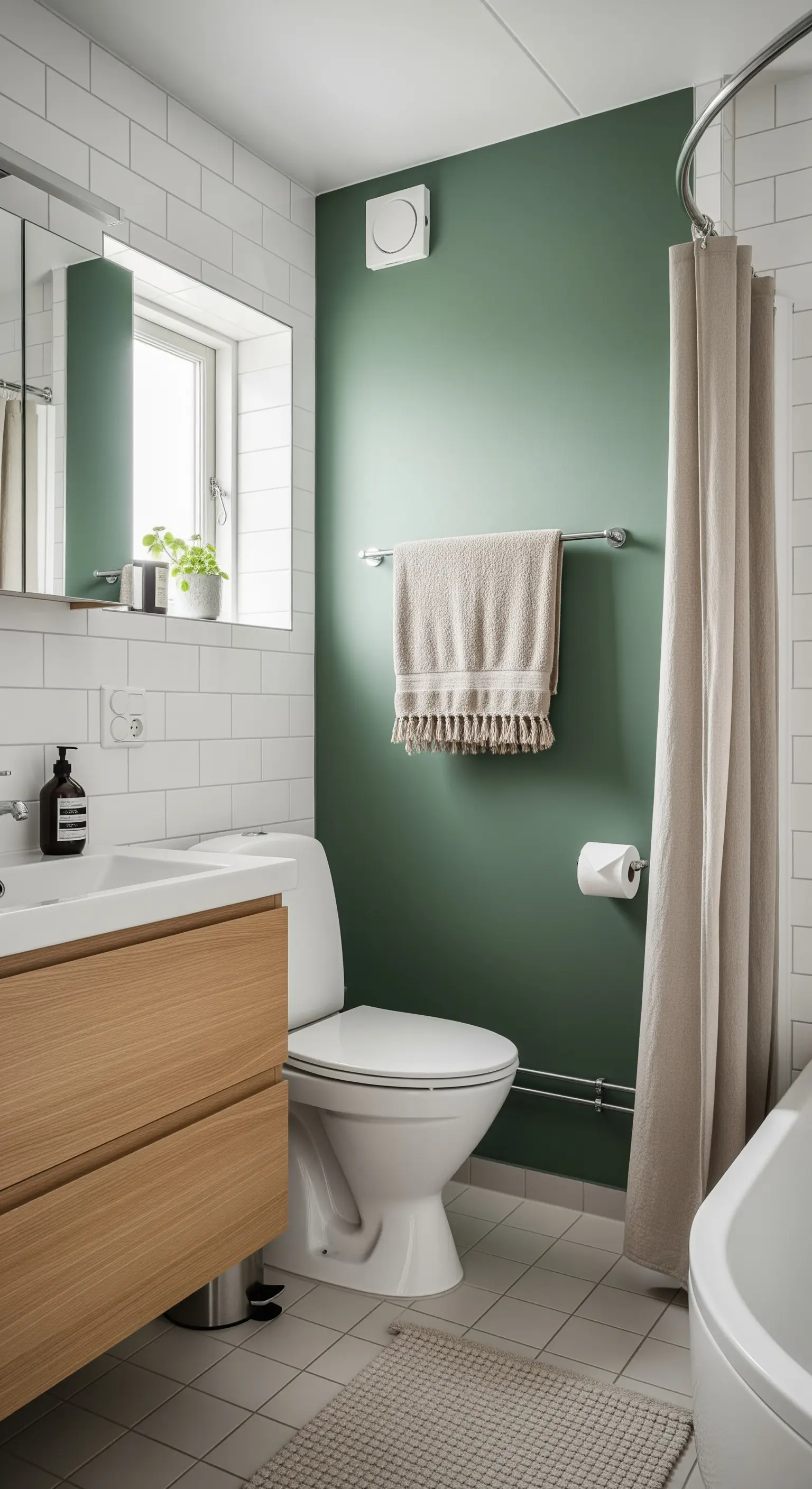 Bagno con parete color verde salvia, mobile in legno chiaro e piastrelle bianche.