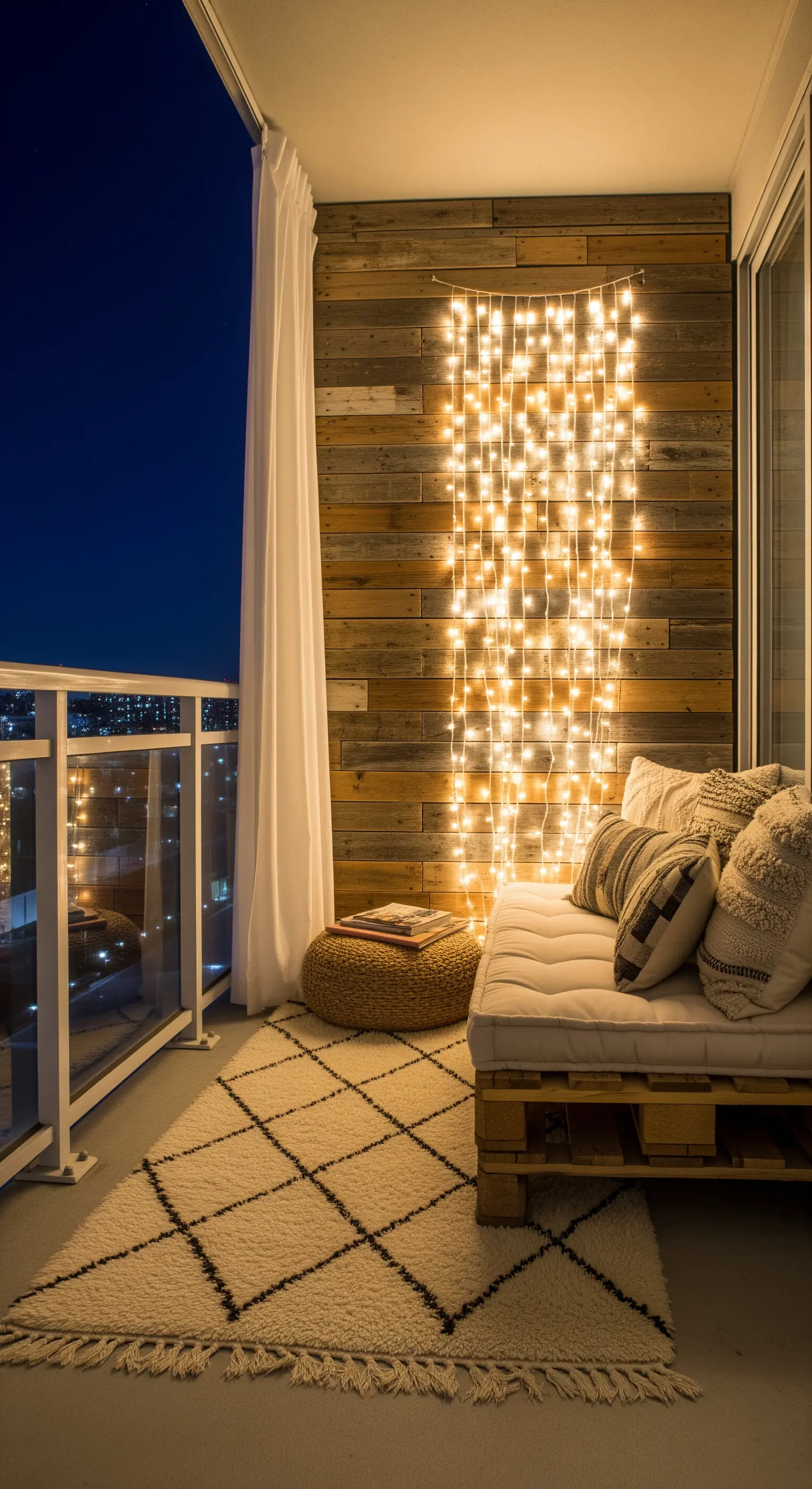 Balcone piccolo con divano in pallet, tappeto berbero e una cascata di lucine a parete.