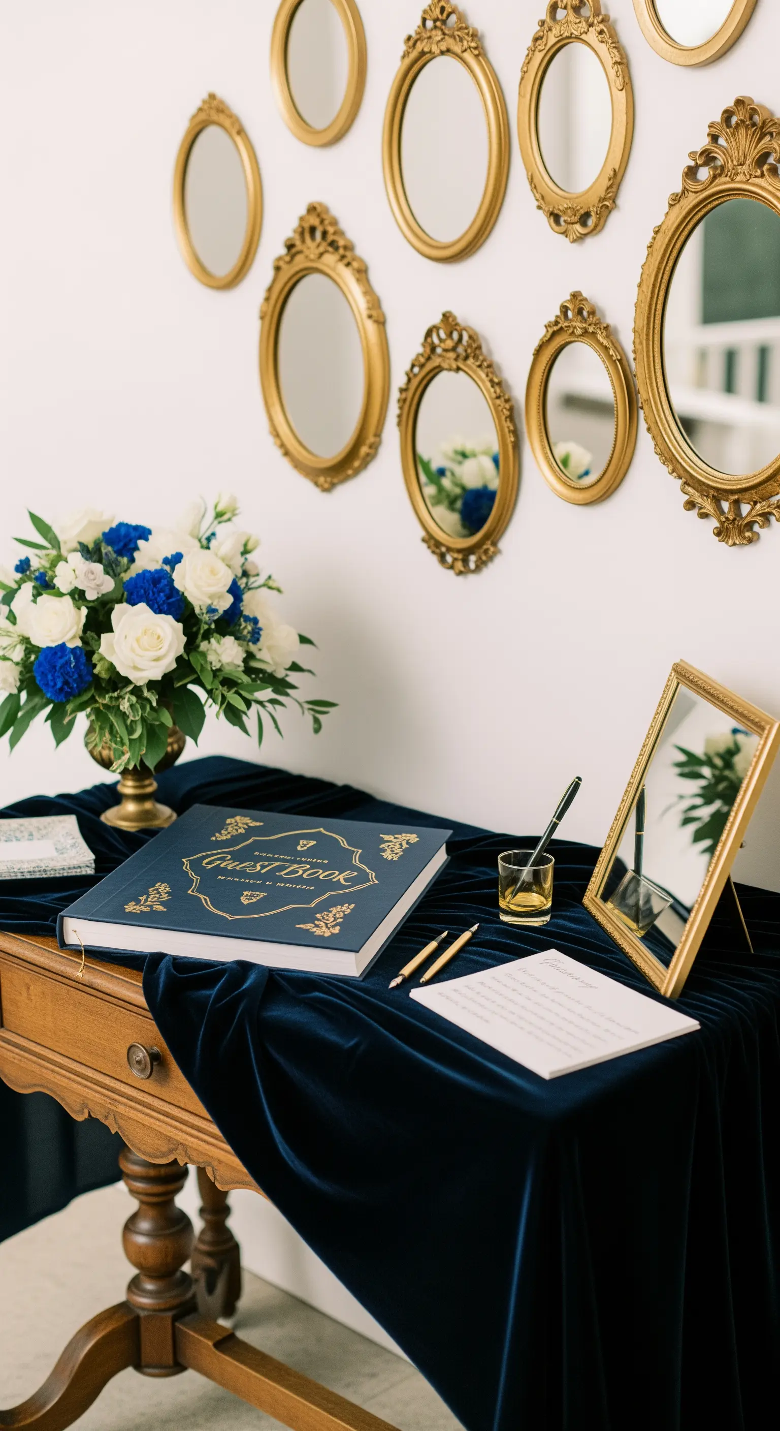 Angolo guest book con tavolo in velluto blu e una composizione di specchietti dorati a parete.