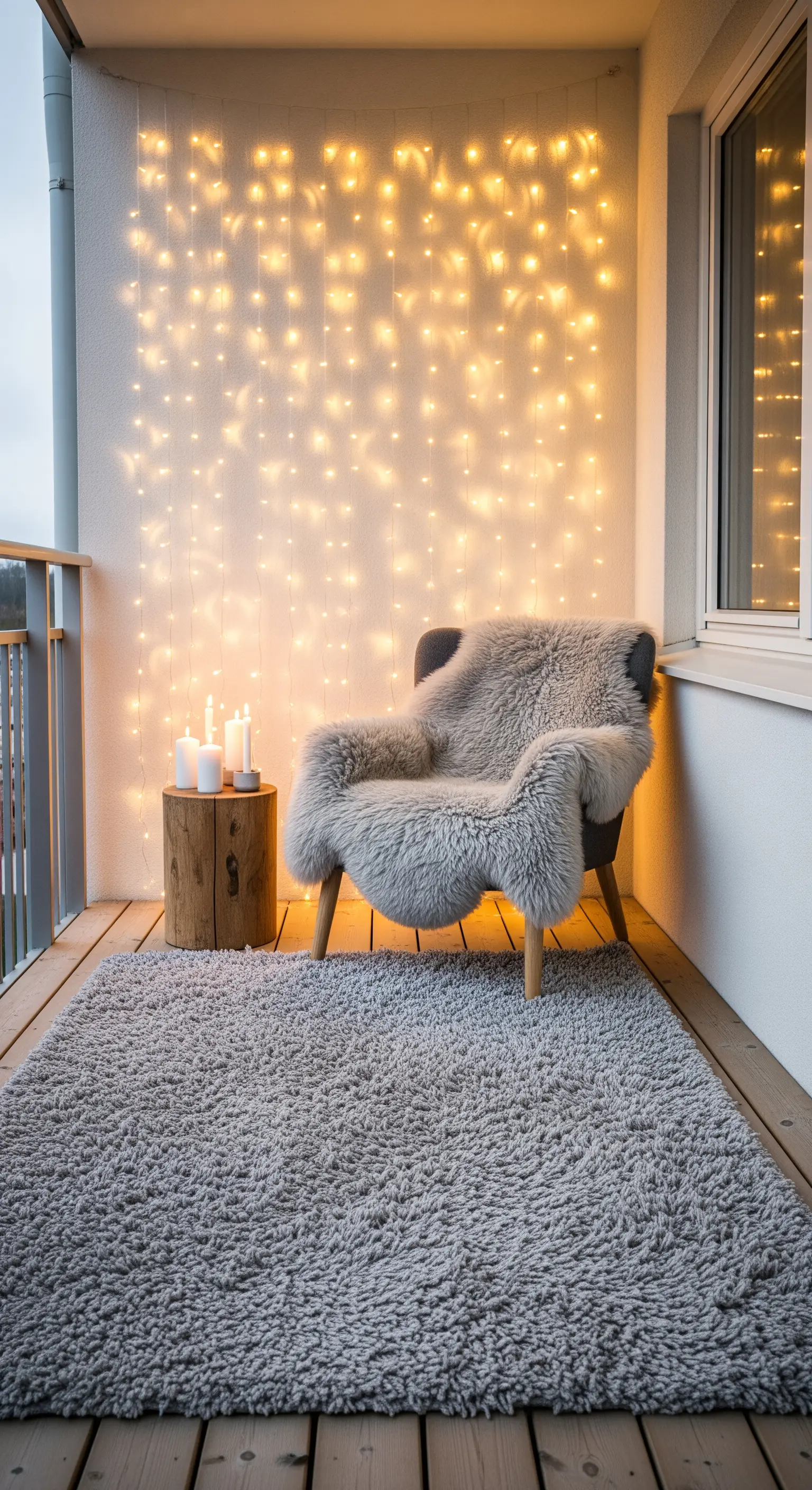 Angolo lettura su balcone con poltrona, pelliccia e tenda di lucine a parete.