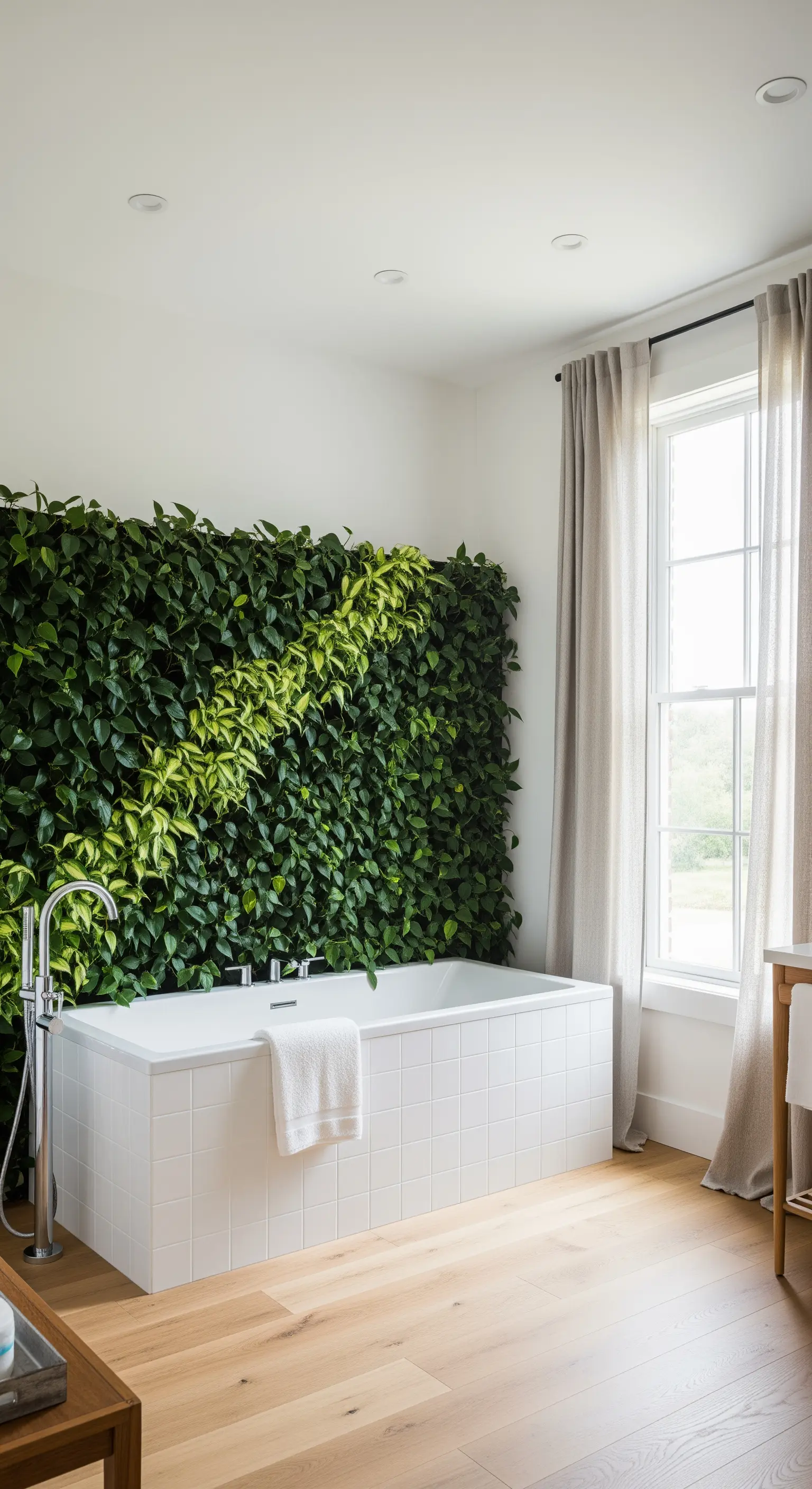 Vasca da bagno bianca posizionata contro una grande parete vegetale verde.