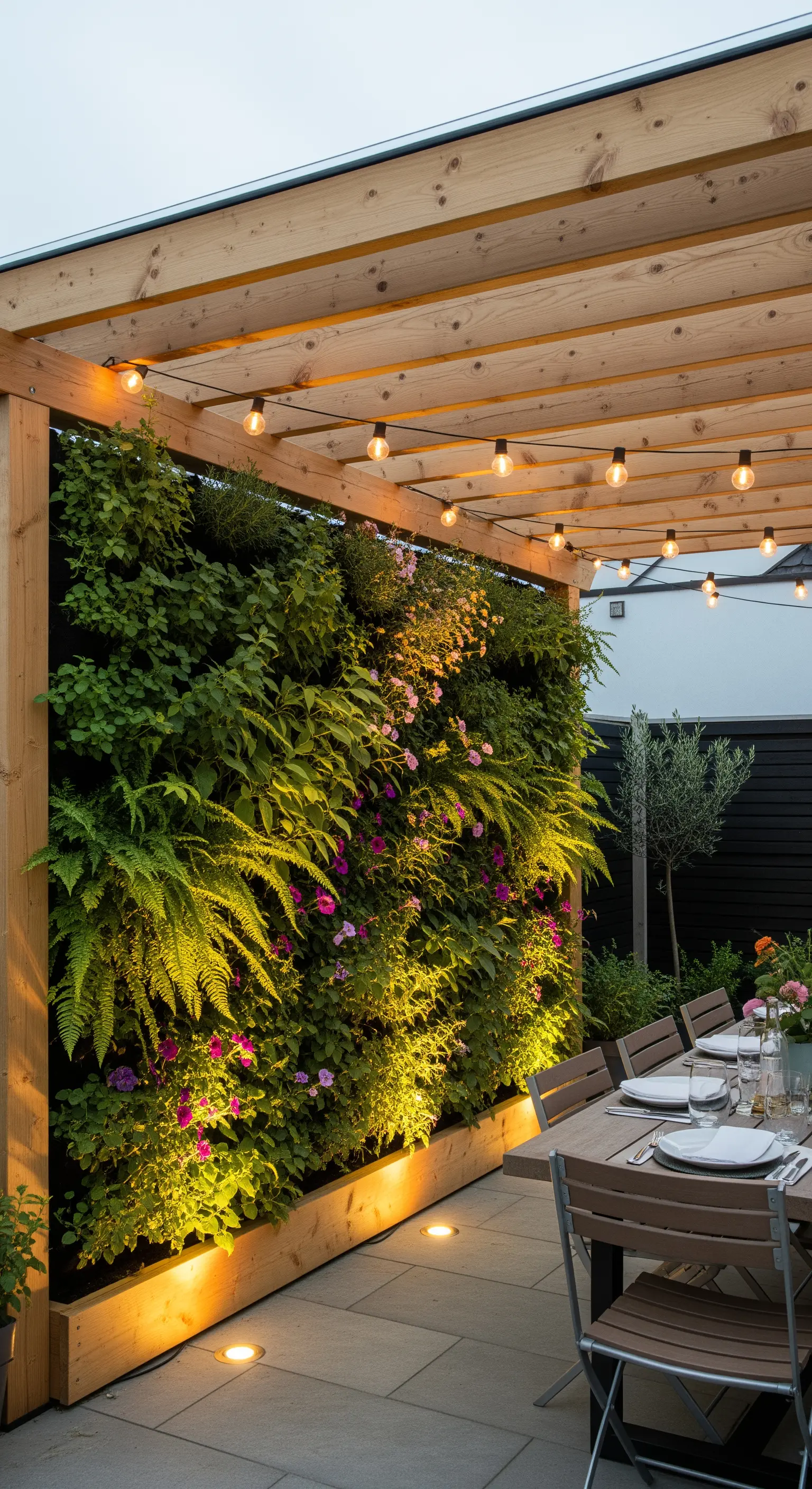 Pergolato in legno con una grande parete verde verticale illuminata dal basso la sera.