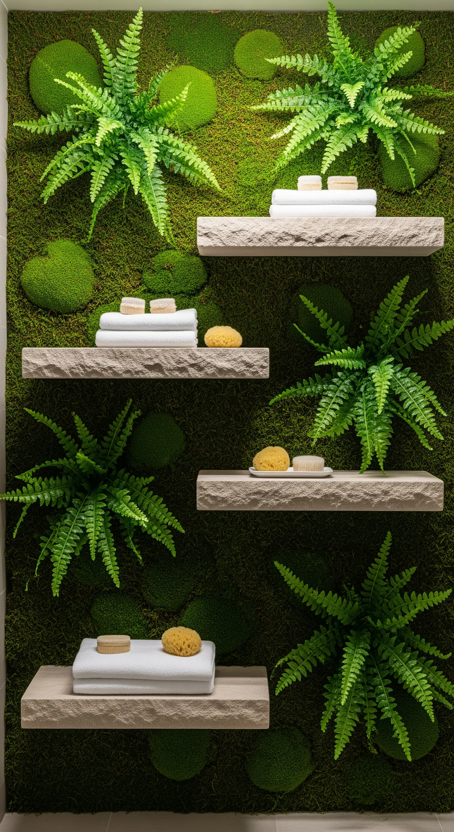 Mensole in pietra chiara su una parete di muschio e felci stabilizzati, con asciugamani bianchi.