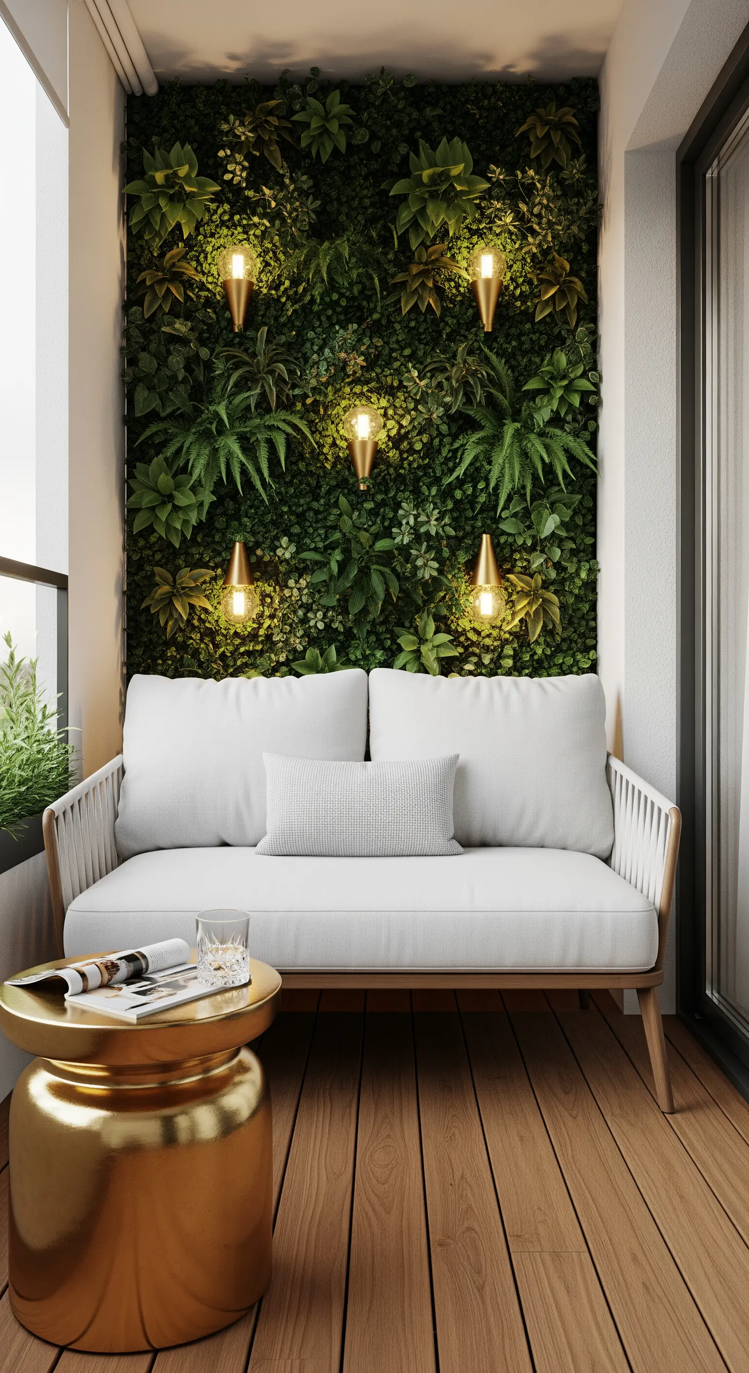 Divanetto bianco davanti a una parete verde verticale illuminata da piccole applique dorate.