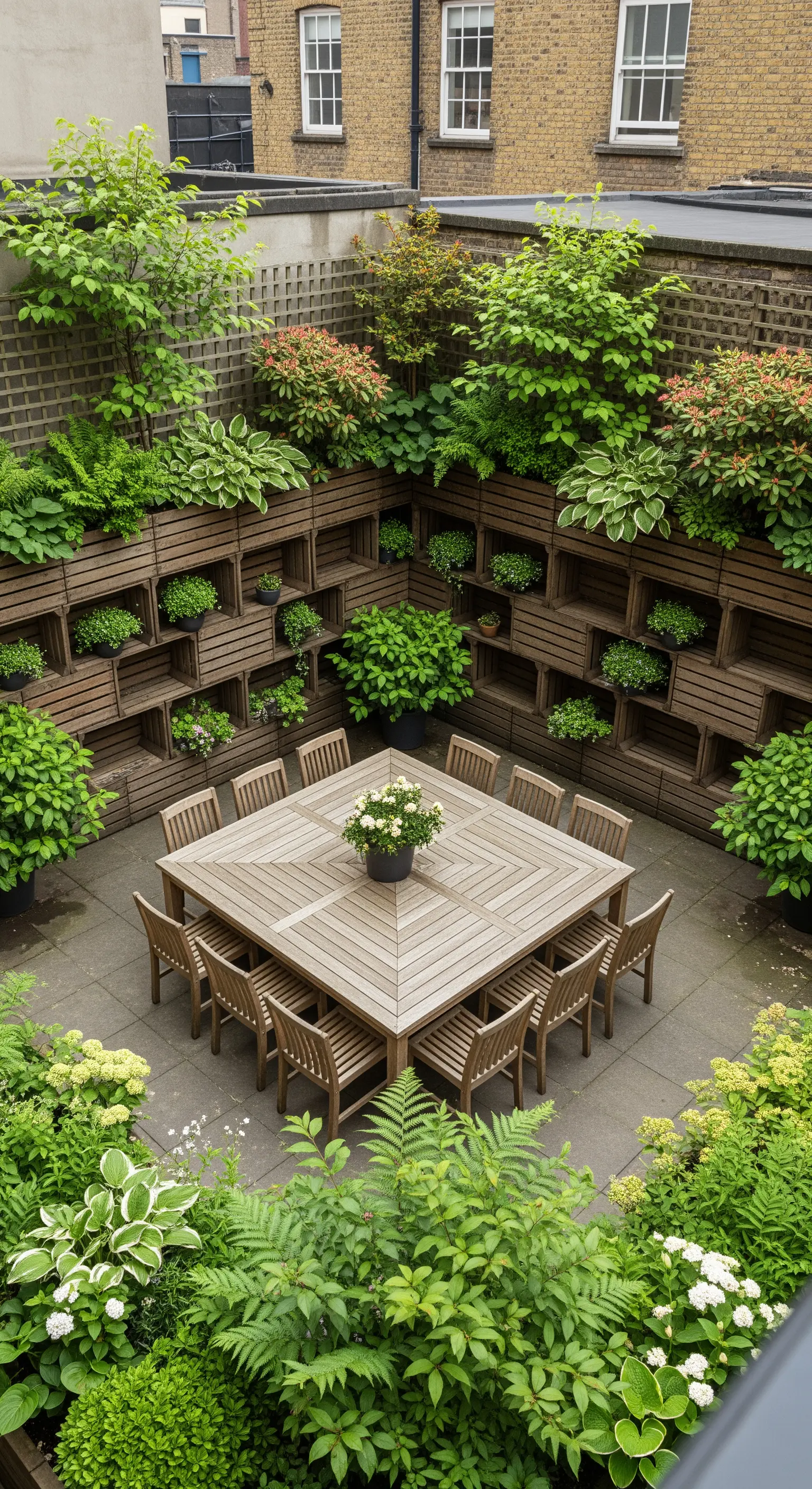 Grande cortile con pareti interamente rivestite da cassette di legno usate come fioriere