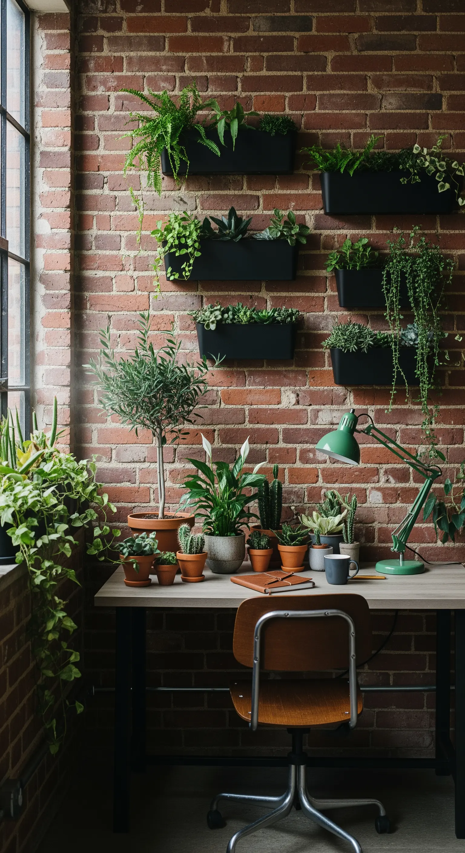 Parete di mattoni rossi decorata con numerose piante in fioriere a muro nere.