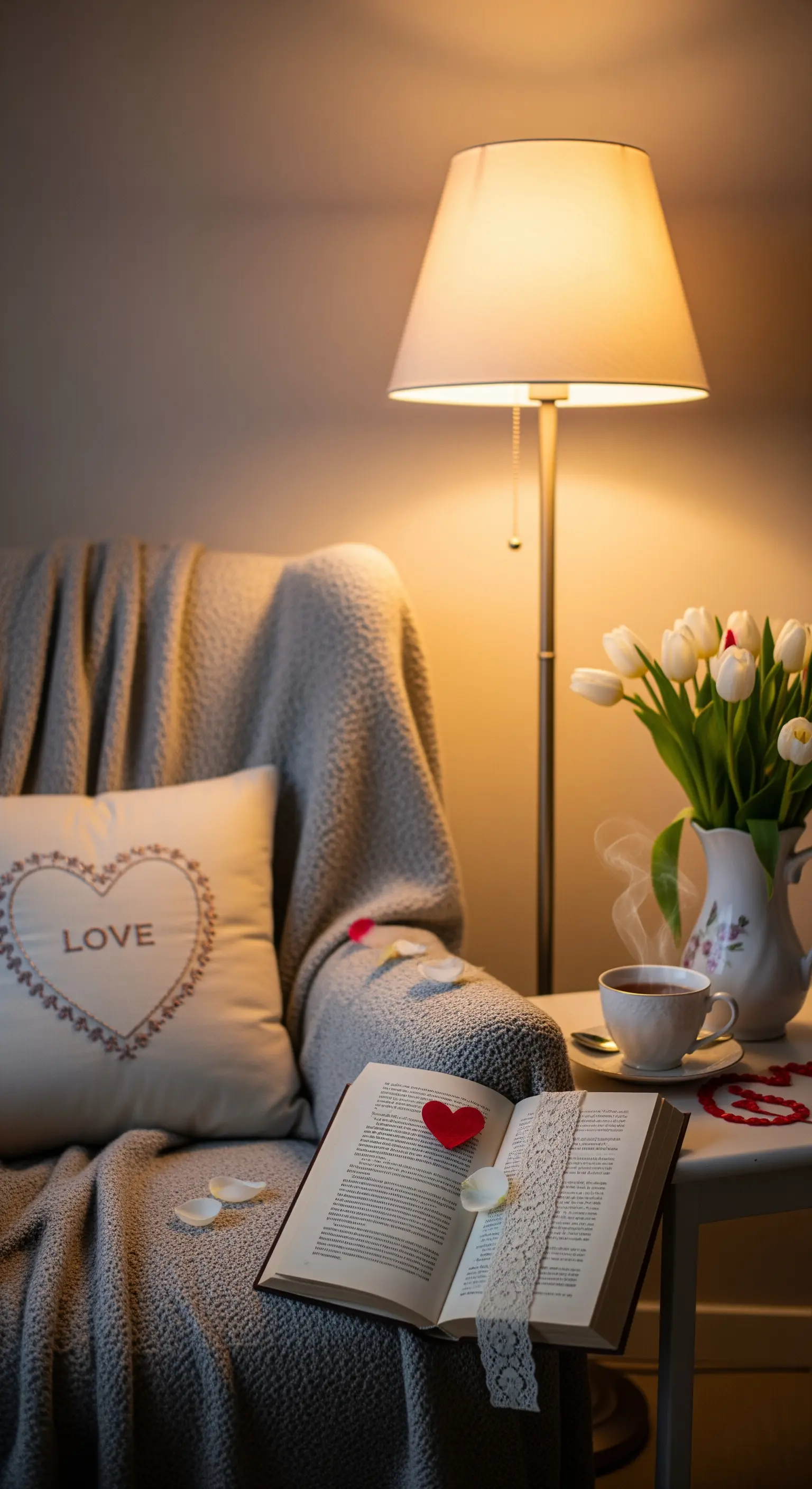 Angolo lettura accogliente con poltrona, libro aperto, tazza di tè e un vaso di tulipani bianchi.