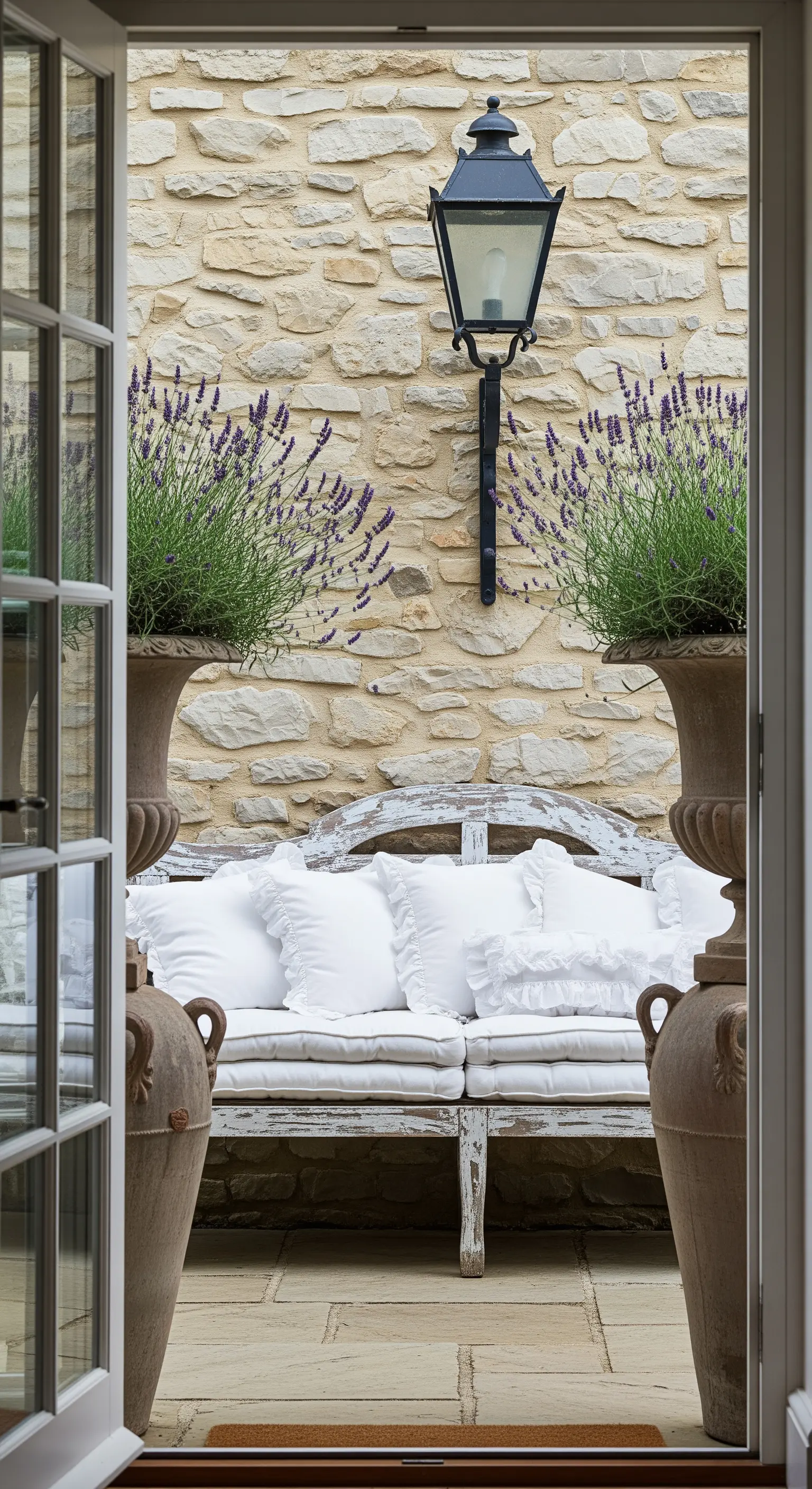 Panchina bianca decapé con cuscini bianchi tra due grandi vasi di lavanda.