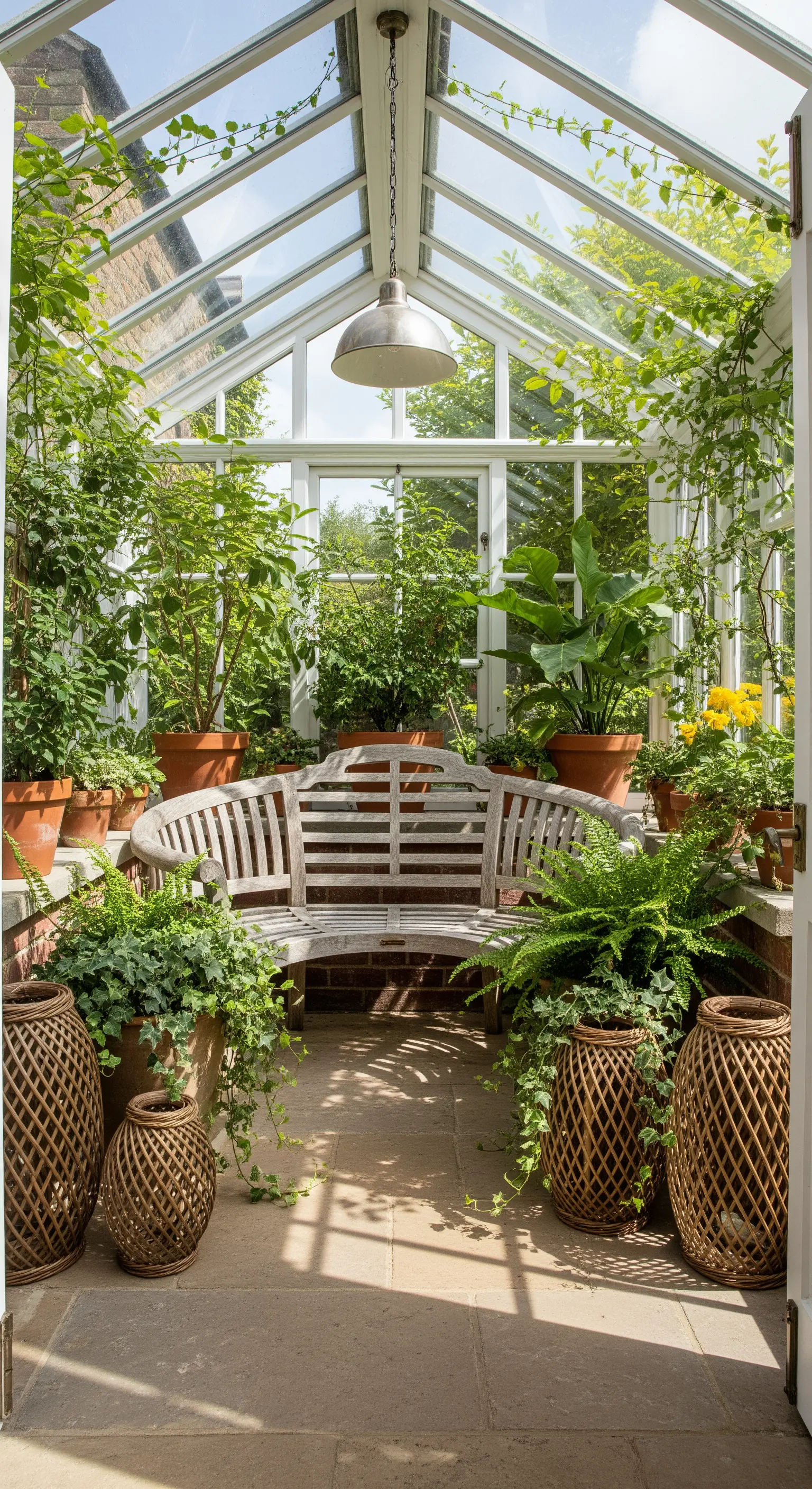 Panca in legno curvato all'interno di una serra vetrata piena di piante rigogliose.