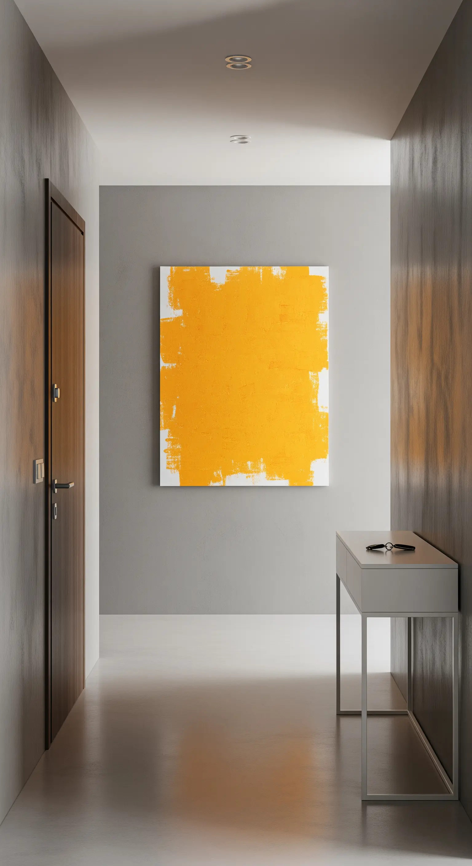 Corridoio grigio con una consolle minimalista e un grande quadro astratto giallo sulla parete.