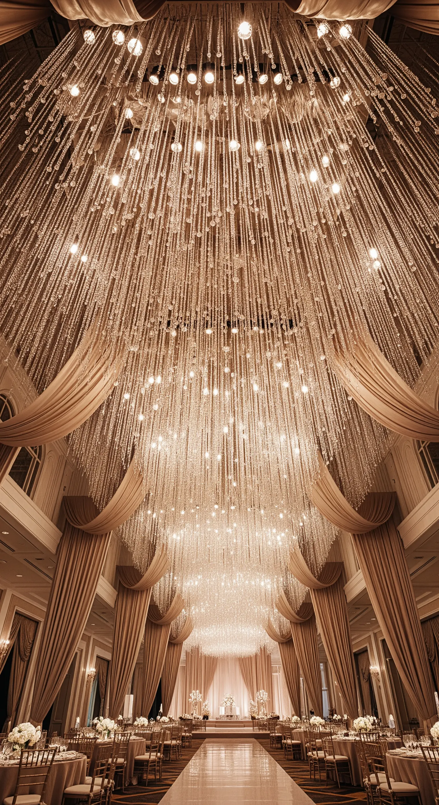 Soffitto di un salone da ricevimento interamente coperto da una cascata di fili di cristallo illuminati.