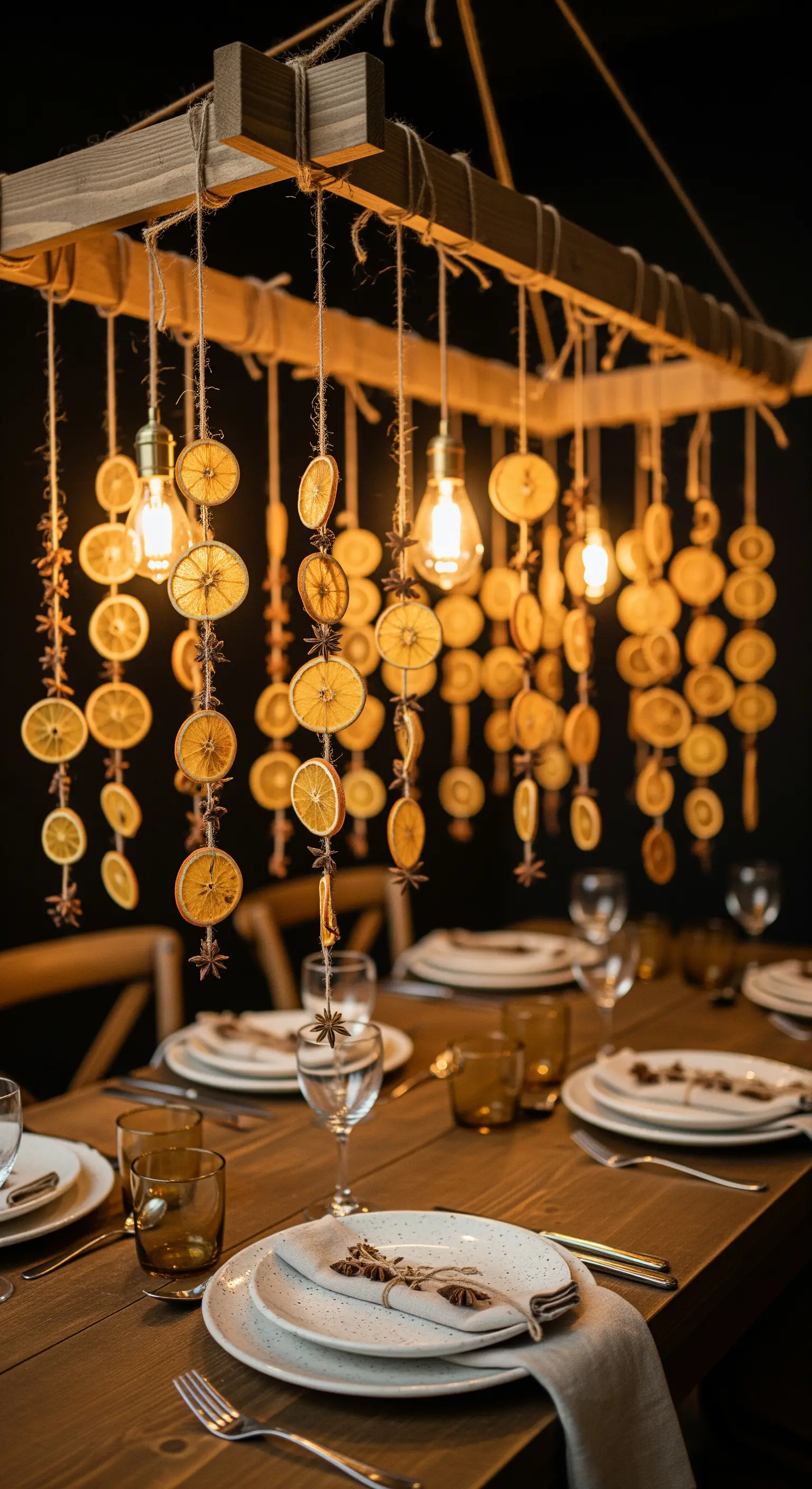 Struttura in legno sospesa sopra un tavolo, da cui pendono luci e ghirlande di arance