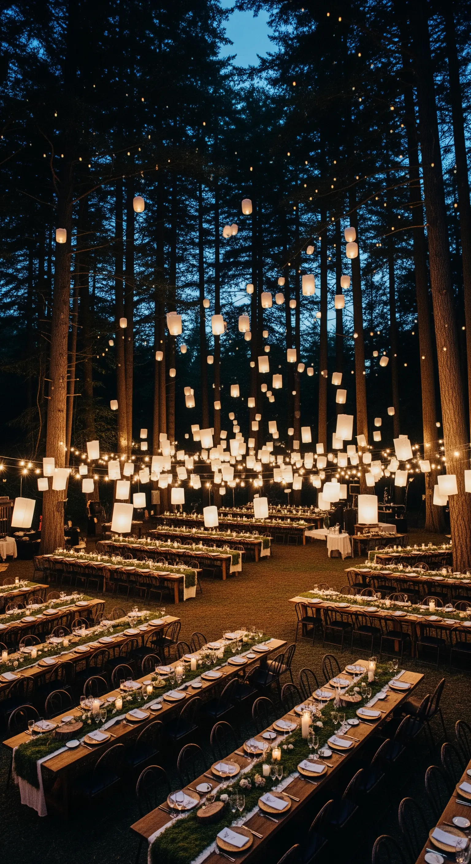 Cena all'aperto nel bosco di notte, sotto un cielo di lanterne di carta e fili di luci.