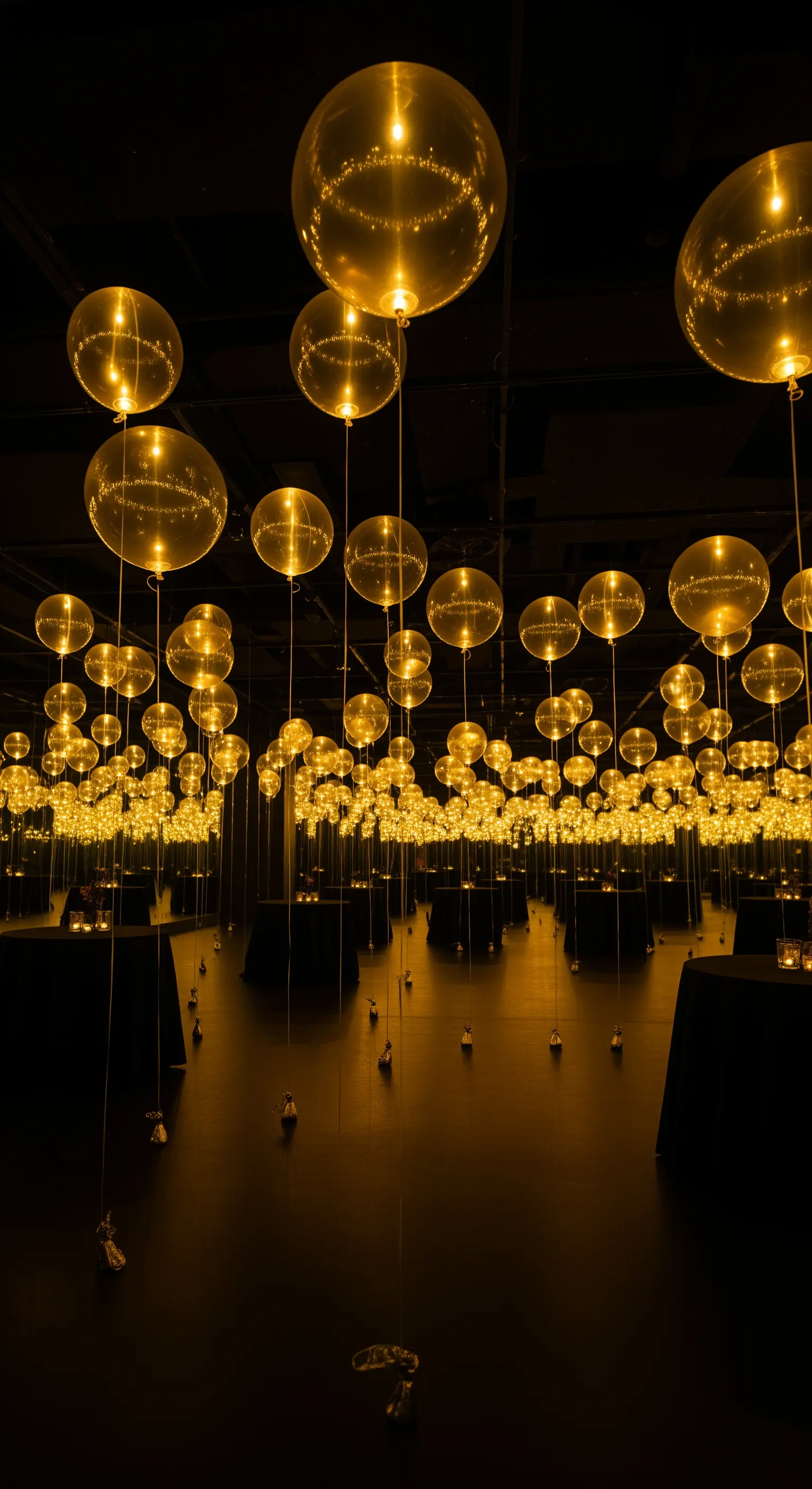 Sala buia illuminata da centinaia di palloncini trasparenti con lucine LED all'interno.