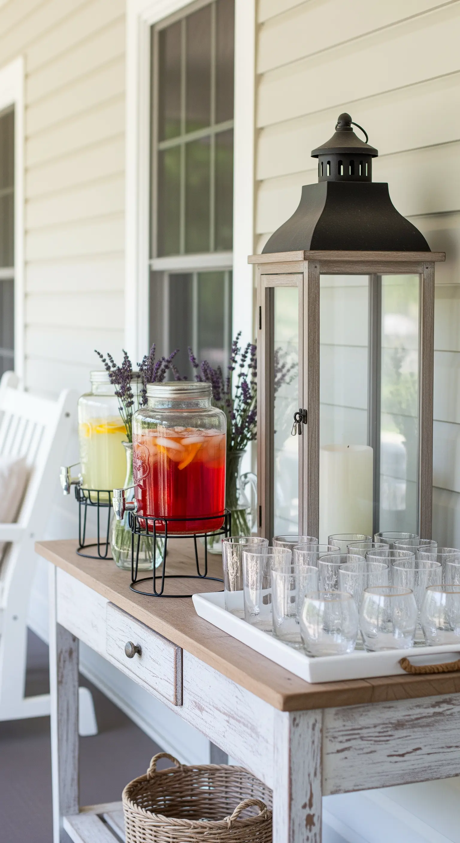 Consolle bianca decapé allestita come stazione bevande con dispenser in vetro e bicchieri.
