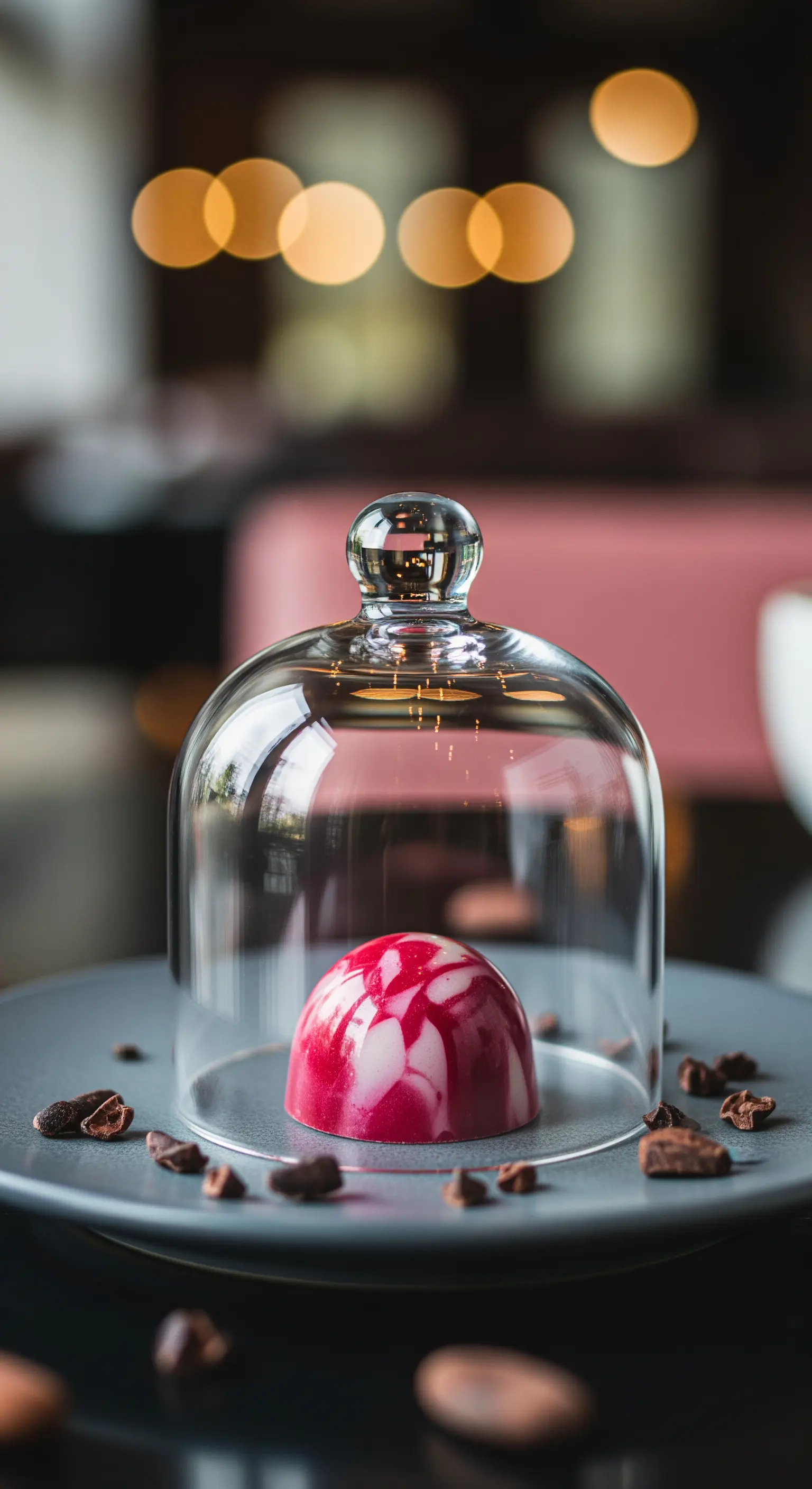 Pralina rosa e bianca sotto una campana di vetro, su un piatto grigio scuro.