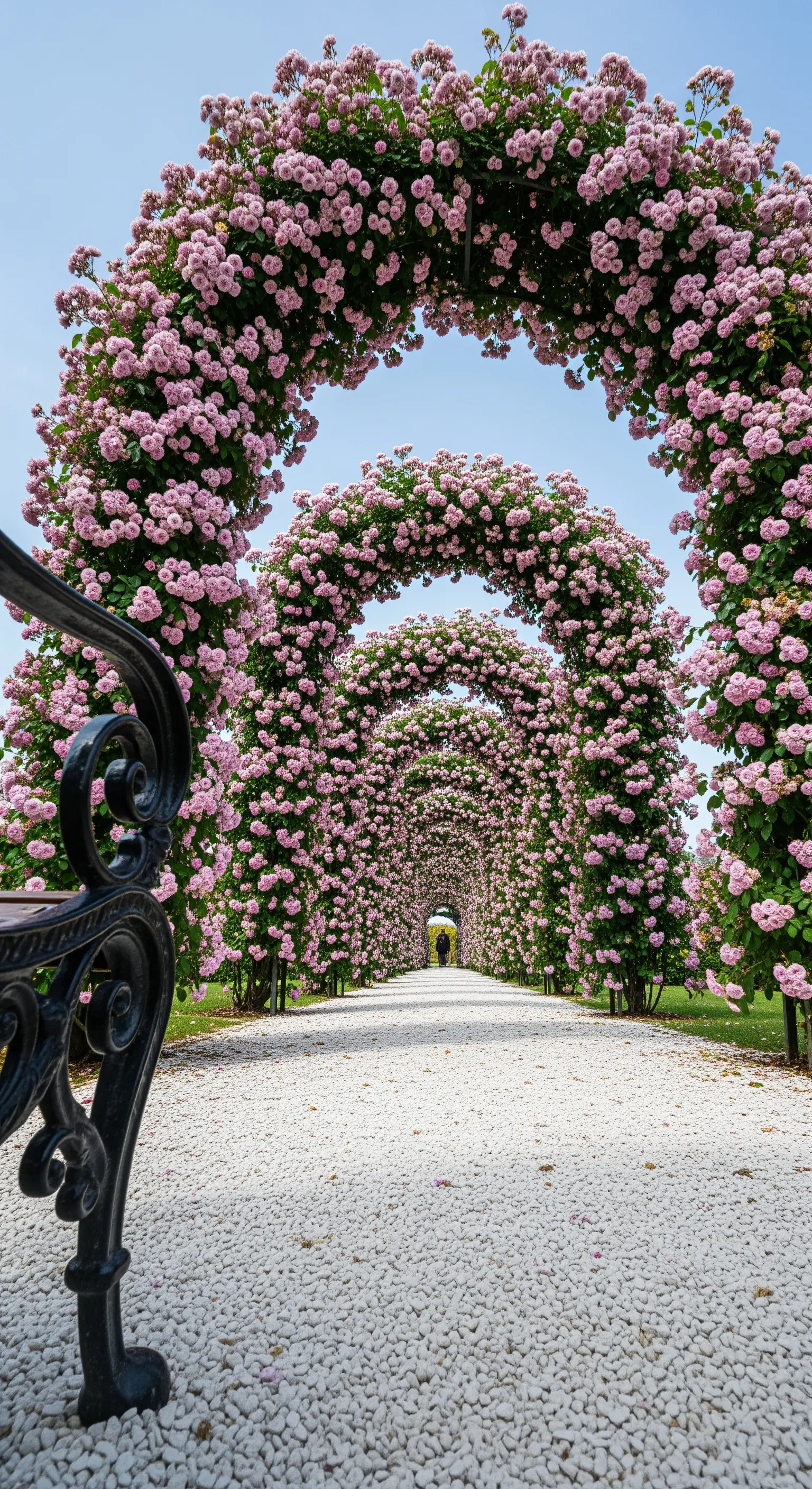 Lungo tunnel prospettico formato da archi di rose rosa su un sentiero di ghiaia bianca.