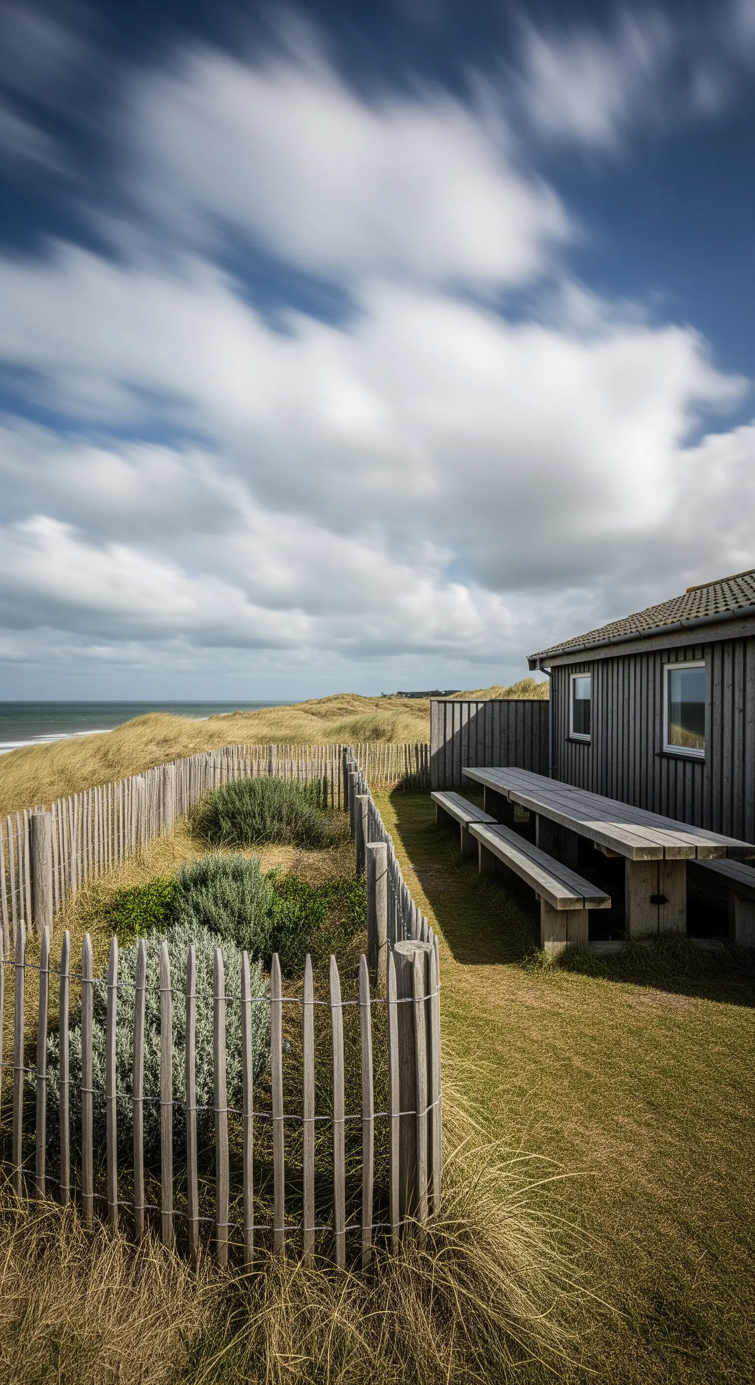 Capanna sulla spiaggia con recinzione in legno e vista sulle dune.