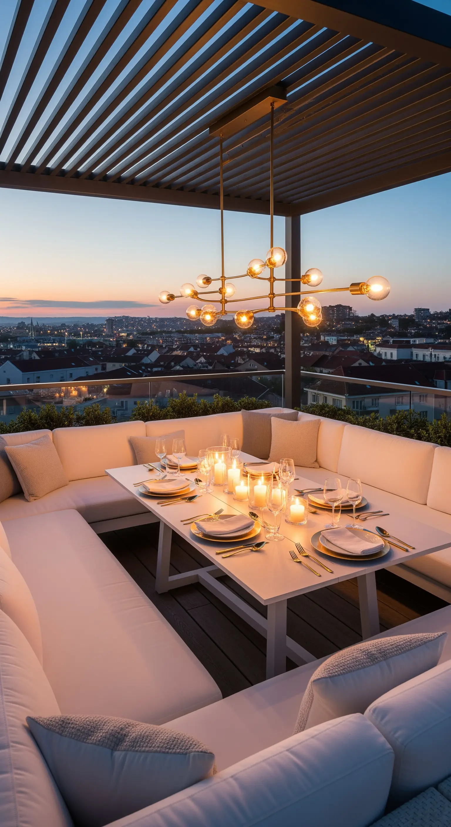 Terrazza al tramonto con grande tavolo bianco circondato da divanetti e un lampadario dorato.