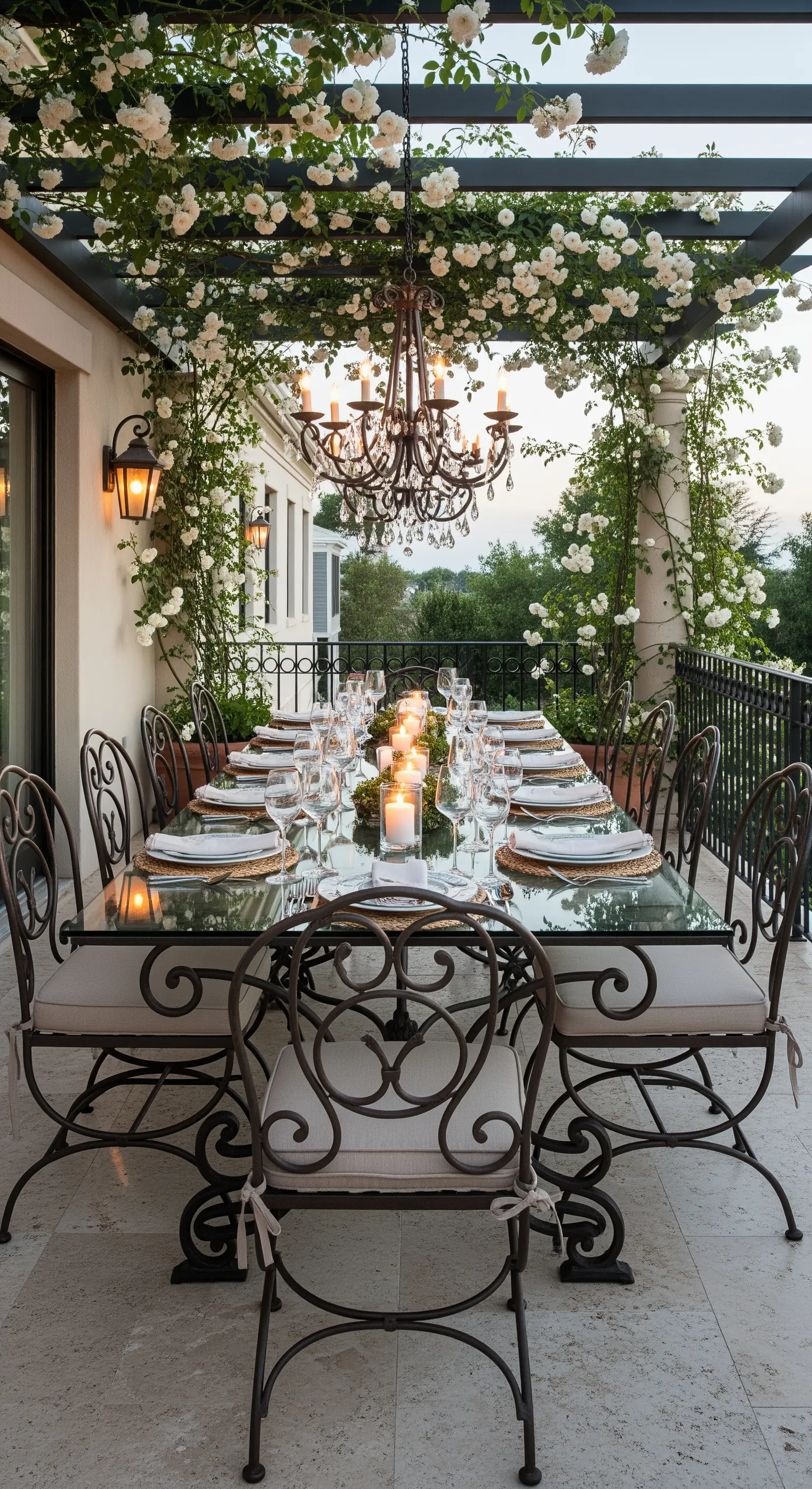 Lunga tavola da pranzo su una terrazza sotto un pergolato di rose bianche e un lampadario.
