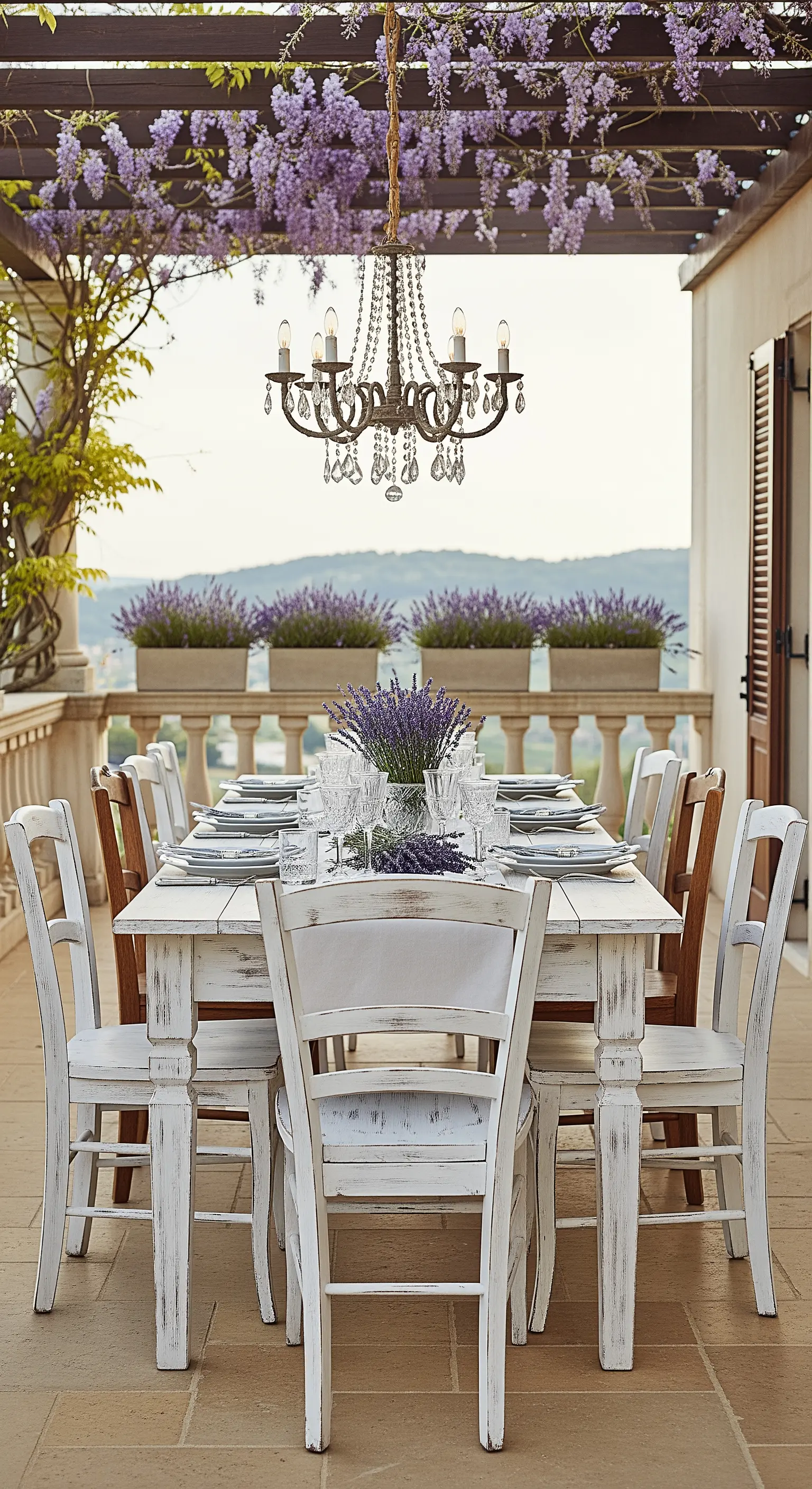 Tavolo da pranzo bianco decapato su una terrazza con lampadario pendente e glicine rampicante