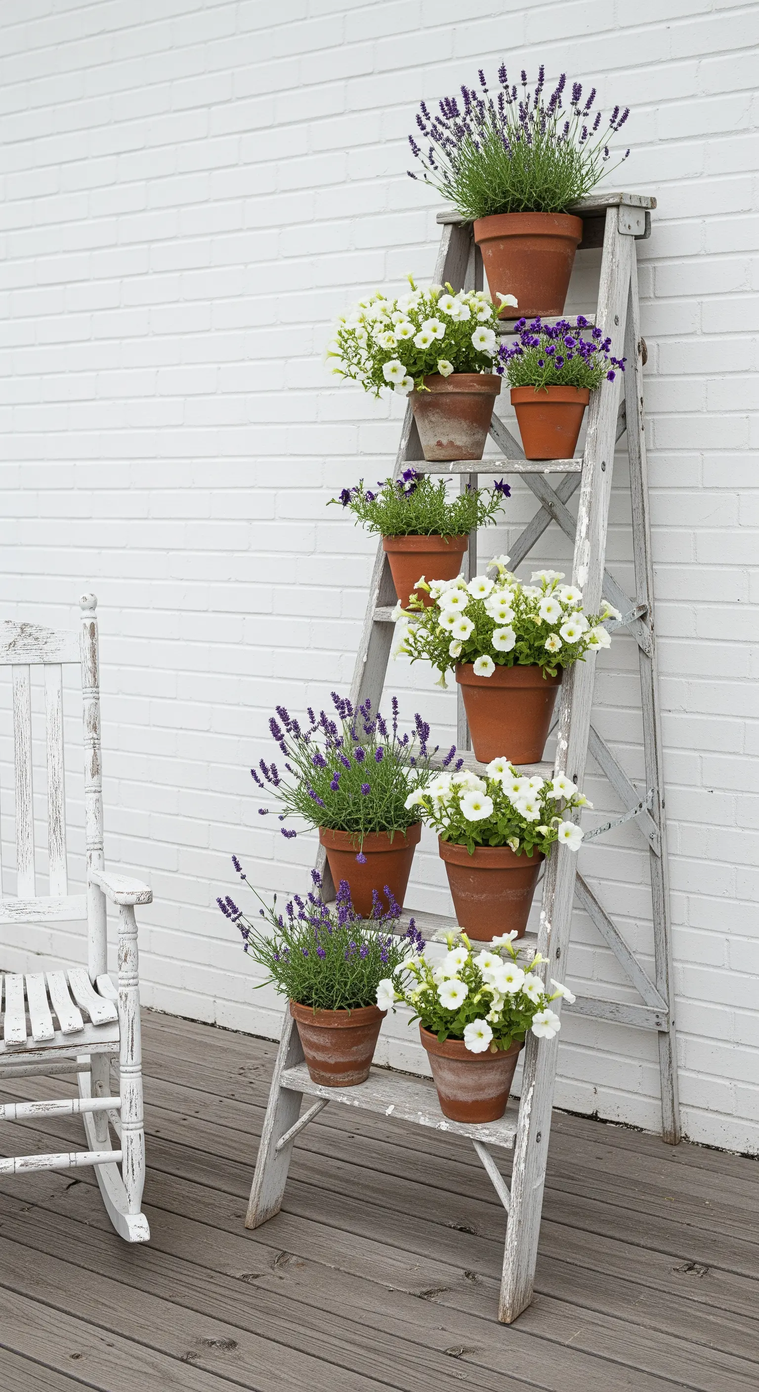 Vecchia scala in legno bianco usata come fioriera a più livelli per vasi di lavanda e petunie
