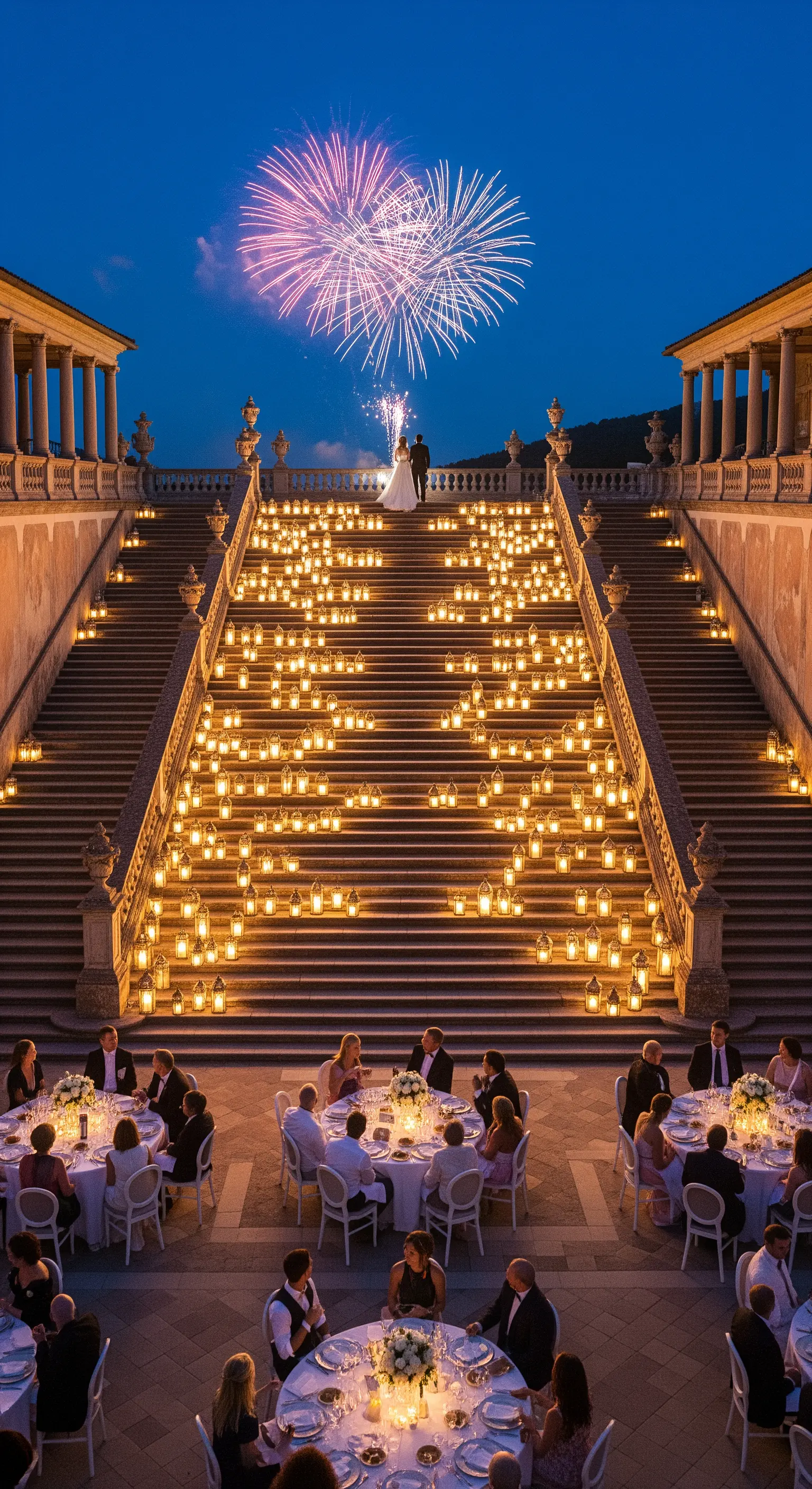 Imponente scalinata storica interamente ricoperta di lanterne accese, con gli sposi in cima