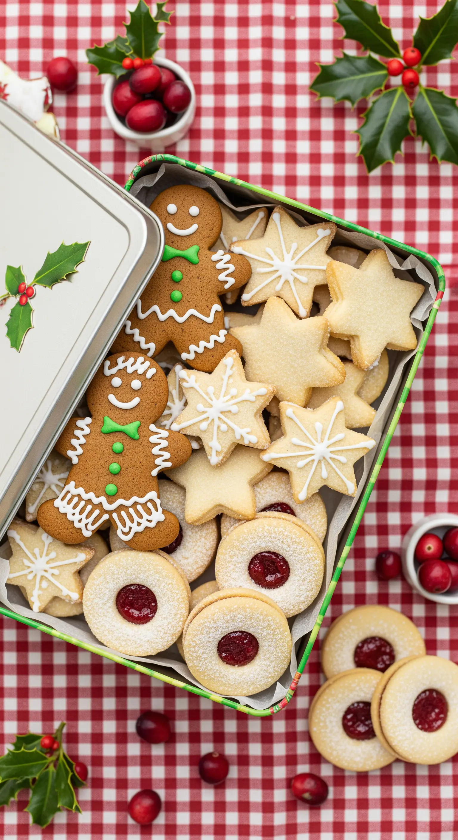 Scatola di latta aperta piena di biscotti di Natale decorati su una tovaglia a quadri rossi.