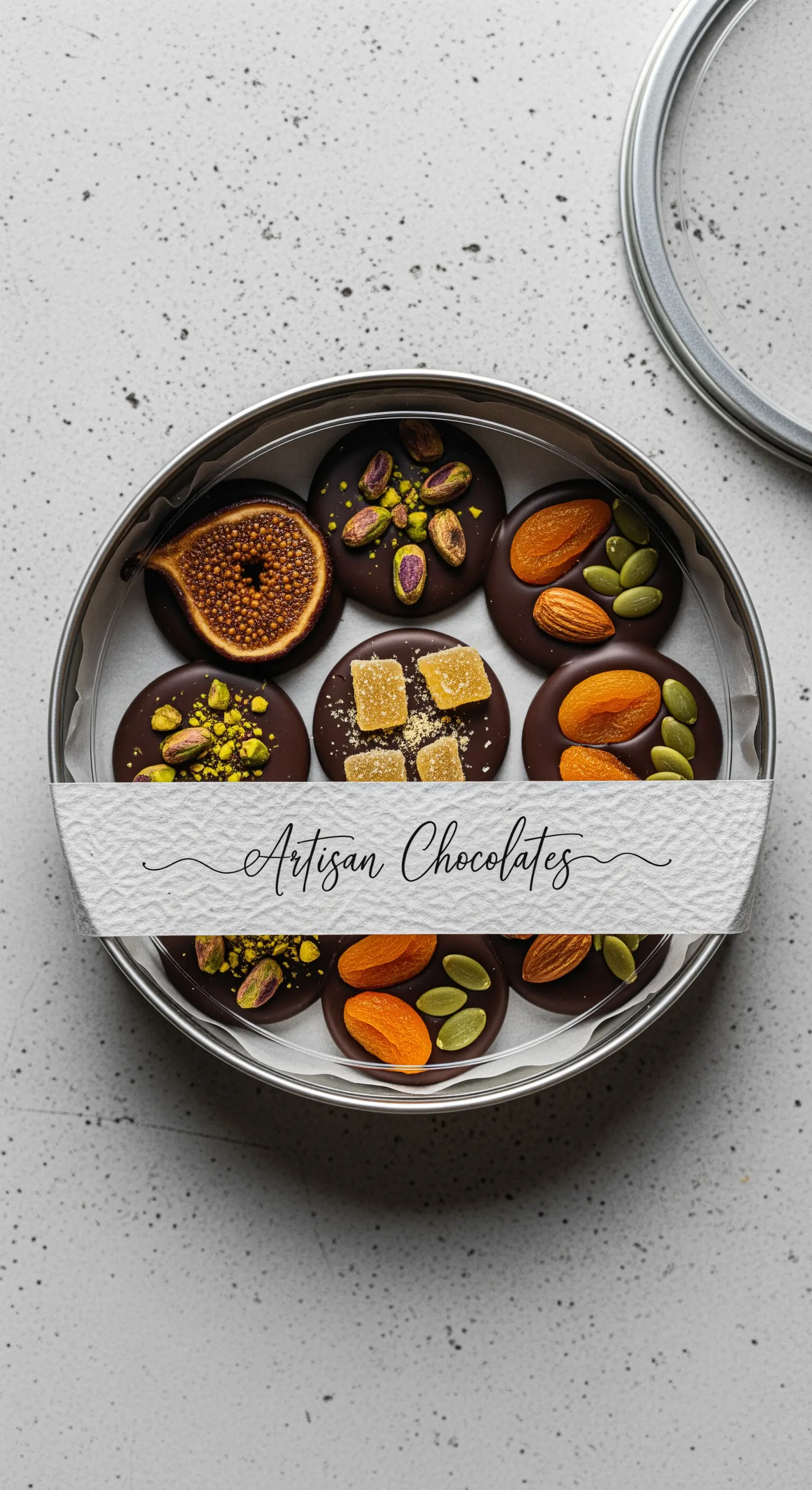 Scatola rotonda di latta con cioccolatini artigianali con fichi, pistacchi e albicocche.