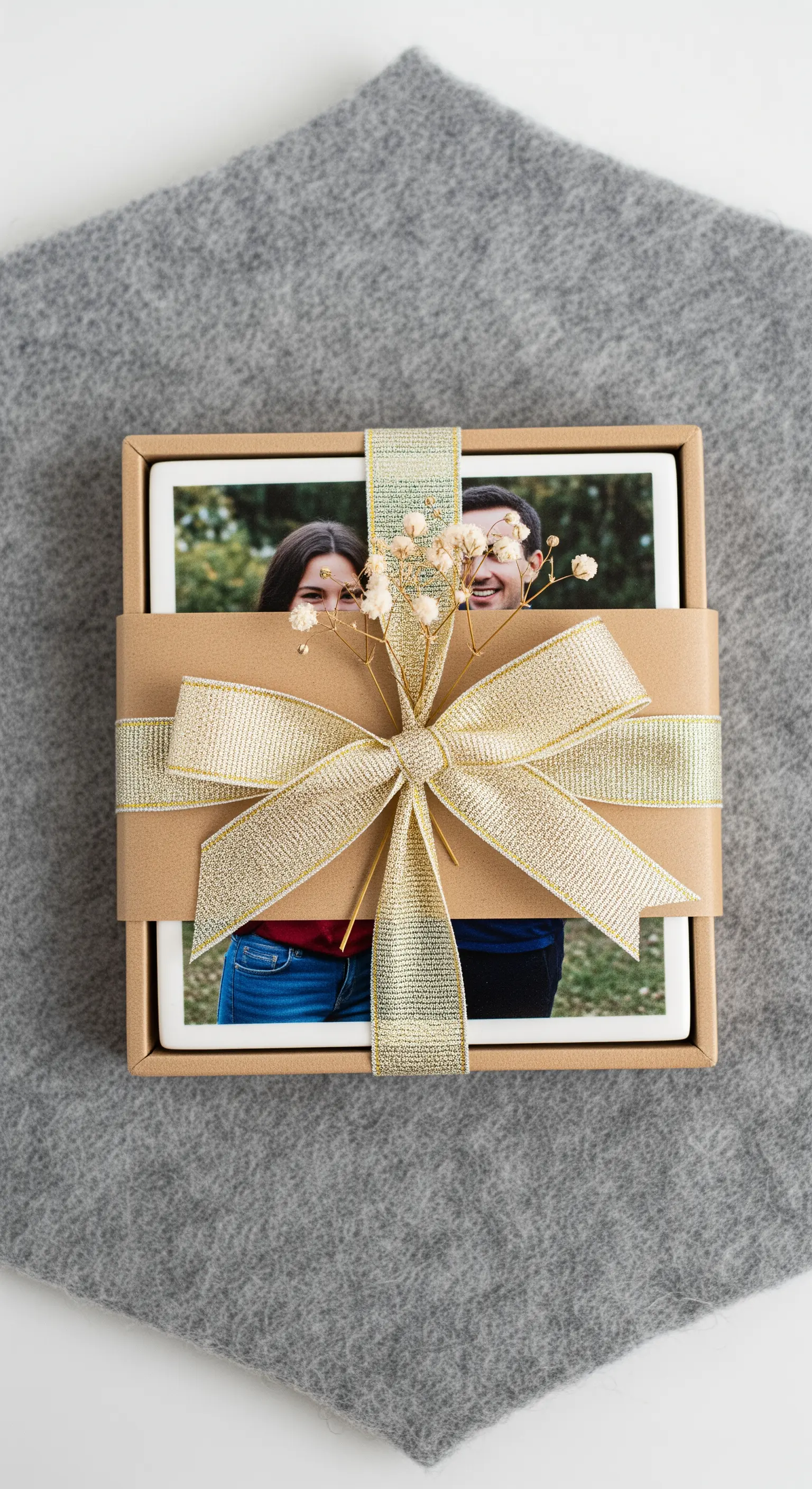 Scatola regalo in carta kraft contenente delle foto, legata con un nastro dorato e fiori secchi.