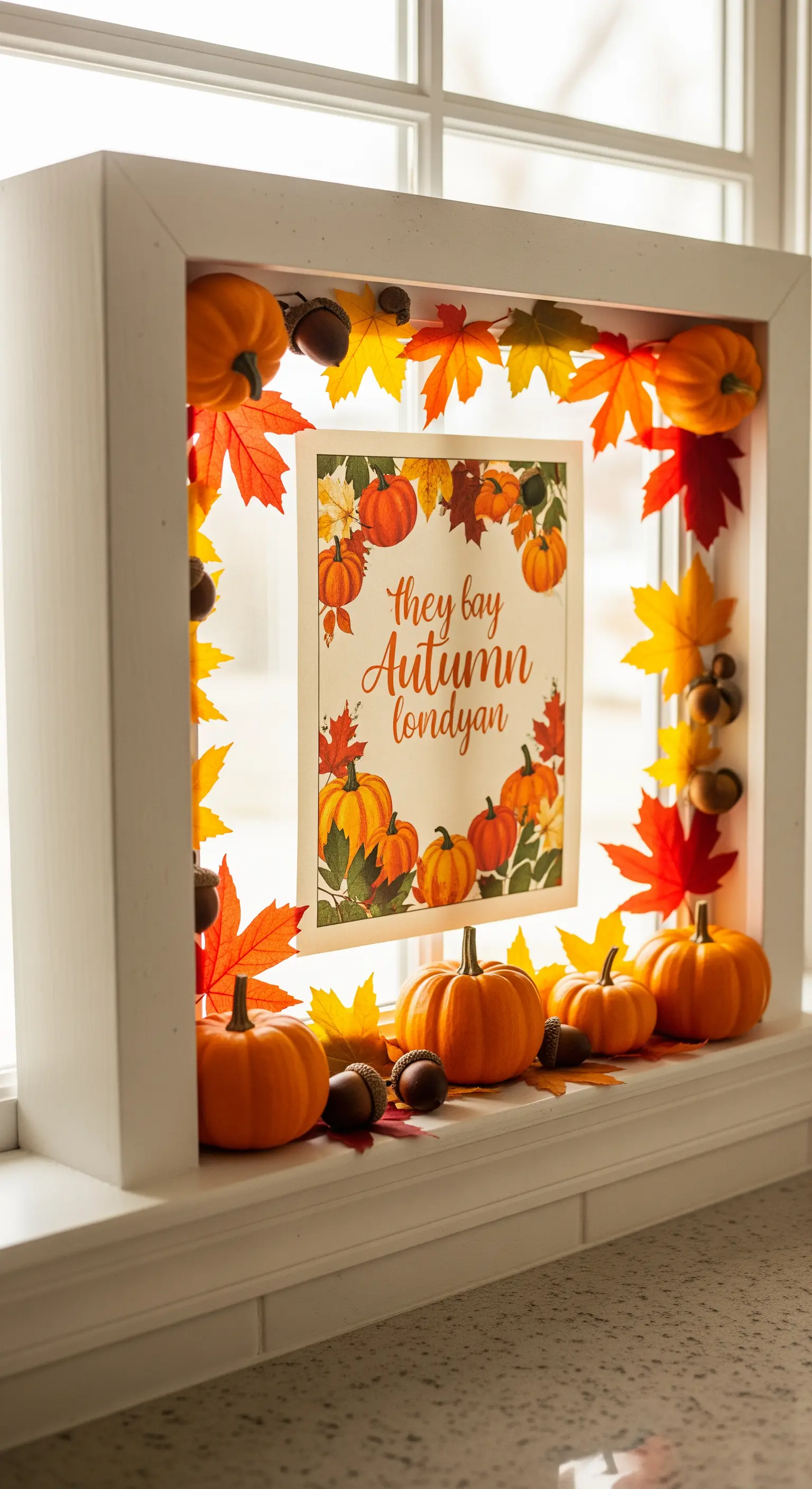 Cornice bianca profonda trasformata in una shadow box autunnale con zucche, foglie e luci.