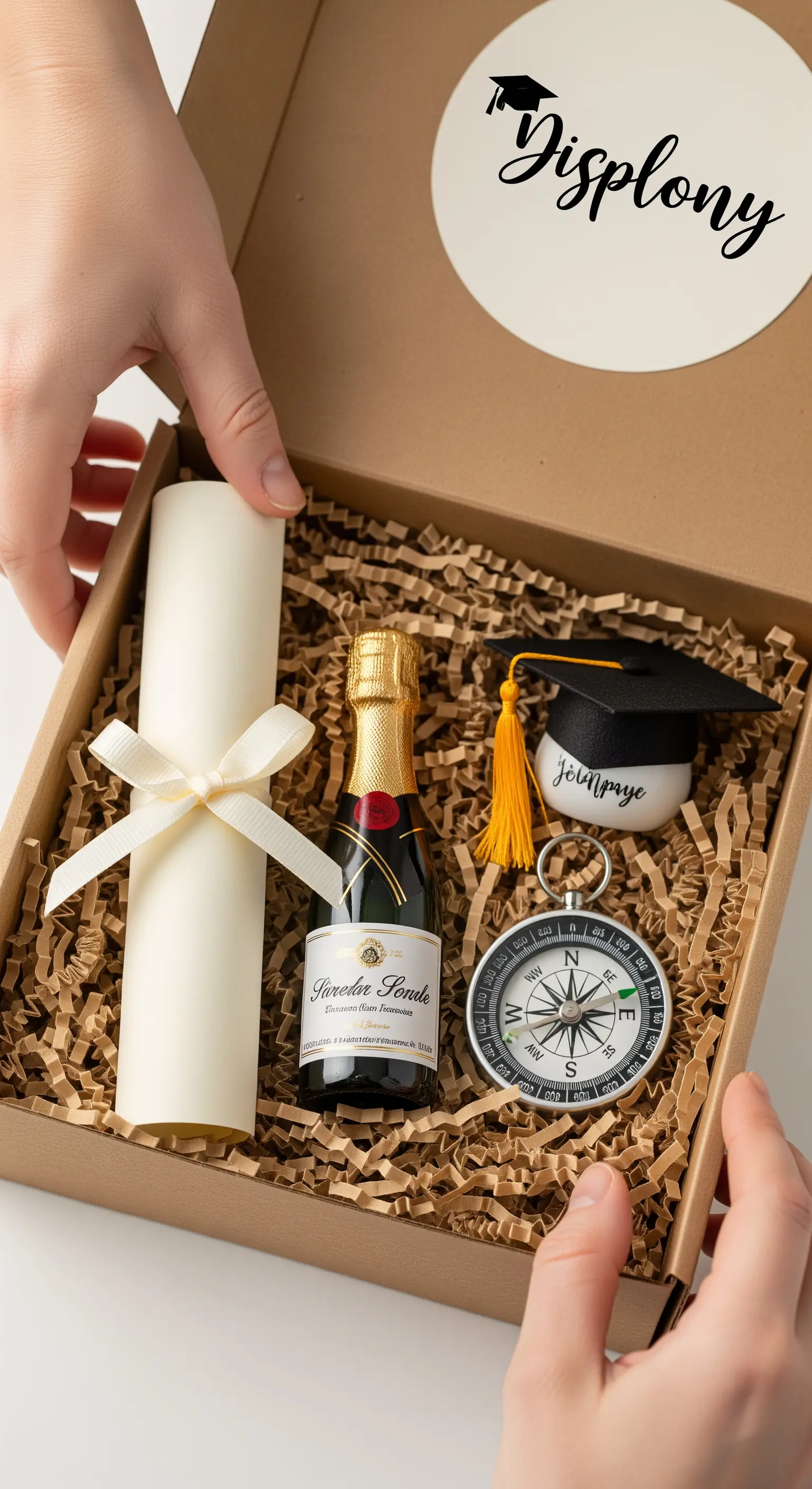 Scatola bomboniera per laurea con mini spumante, bussola, pergamena e tocco in miniatura