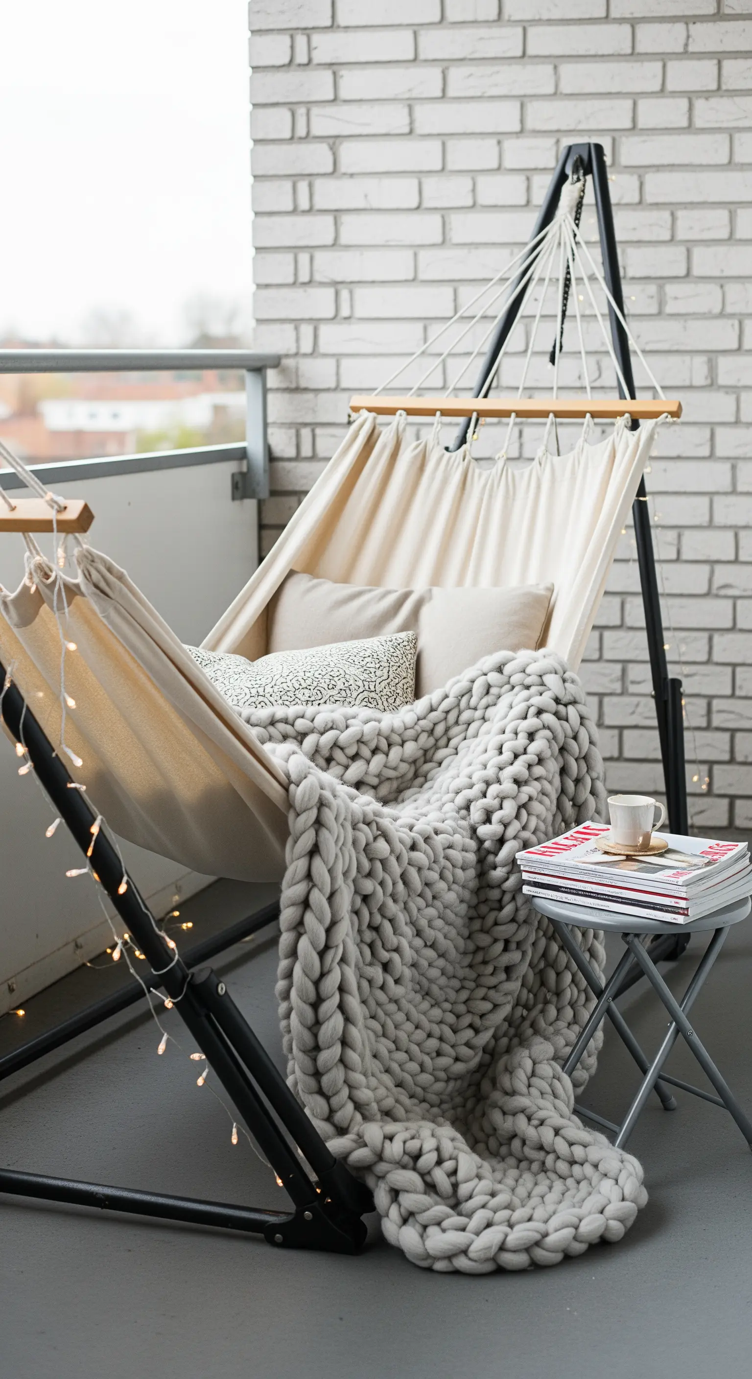 Sedia-amaca in tessuto con coperta a maglia grossa e lucine su un balcone.
