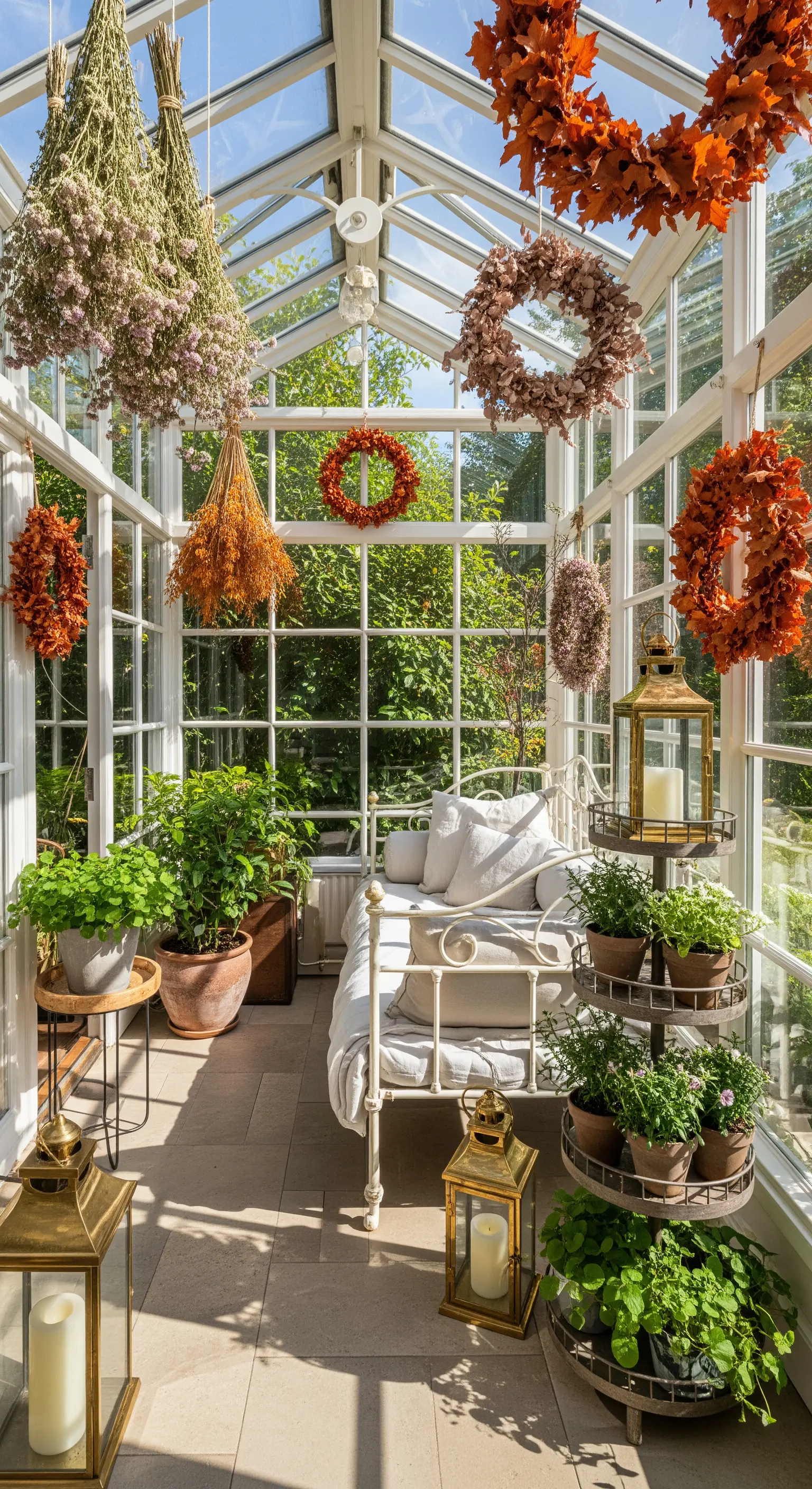 Serra luminosa arredata con lettino bianco, piante in vaso e ghirlande di fiori secchi.