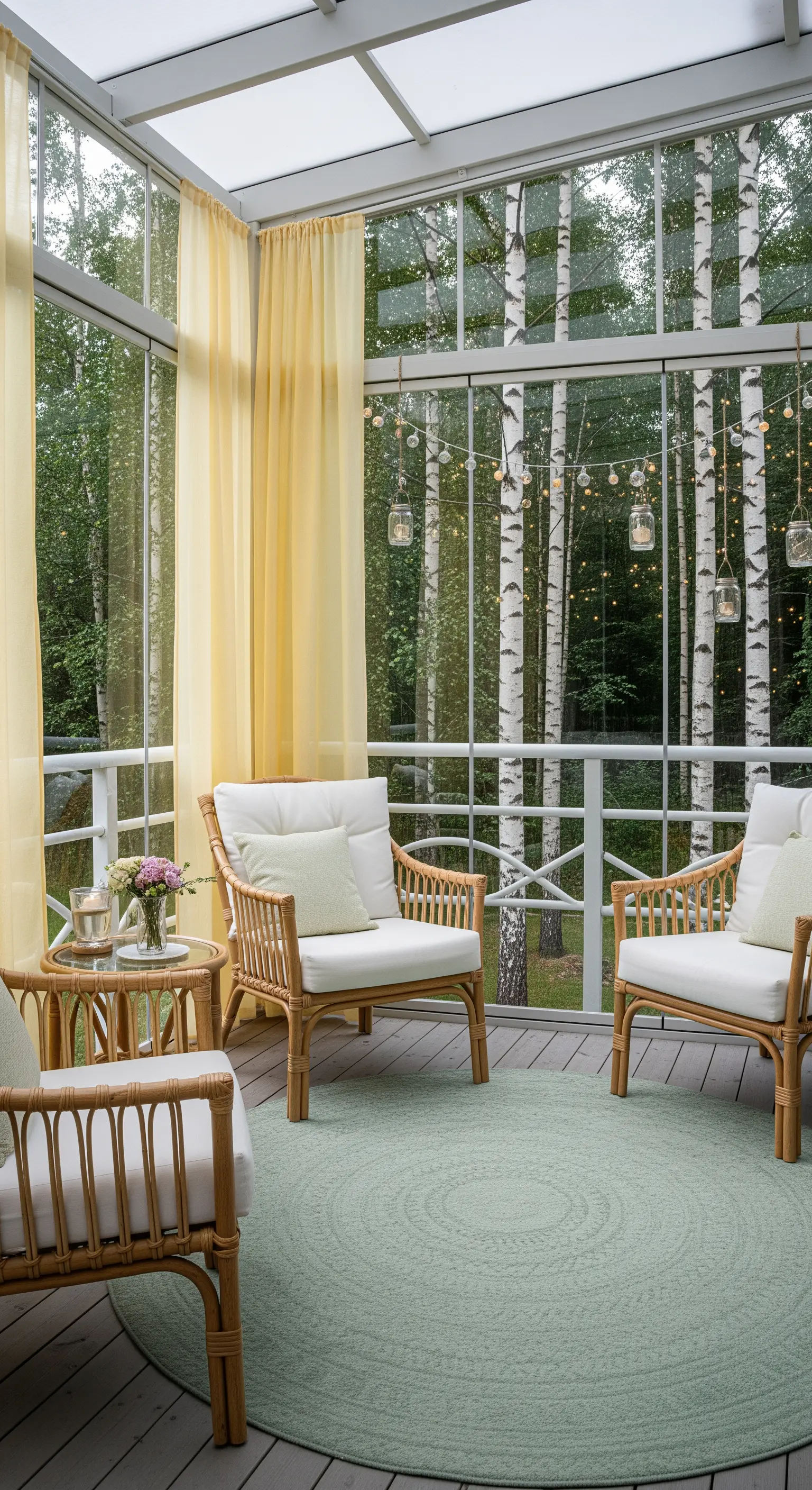 Veranda chiusa a vetri con poltrone in rattan, tende gialle e lucine appese