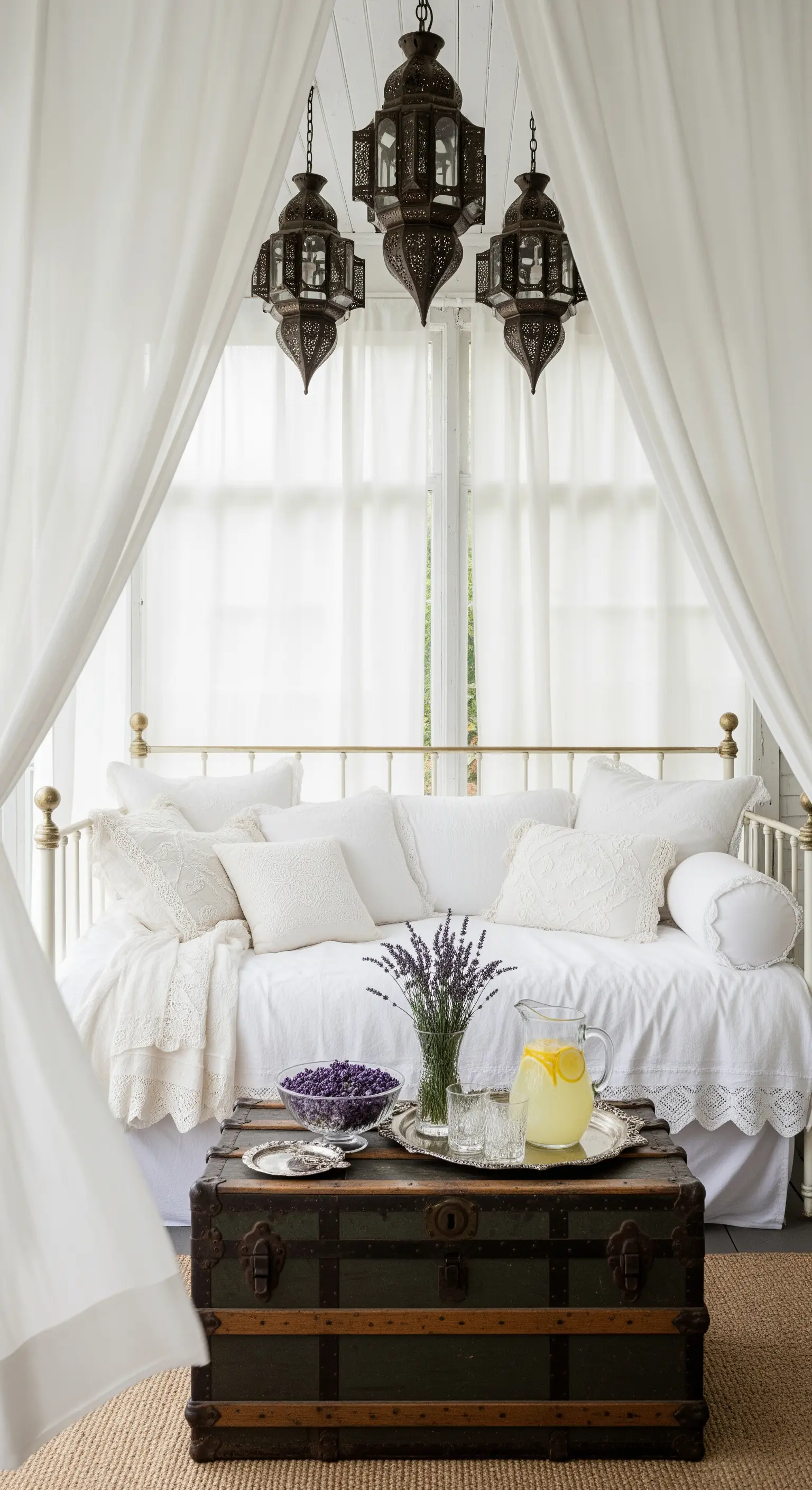 Daybed bianco con cuscini in pizzo, tende leggere e un baule vintage come tavolino.