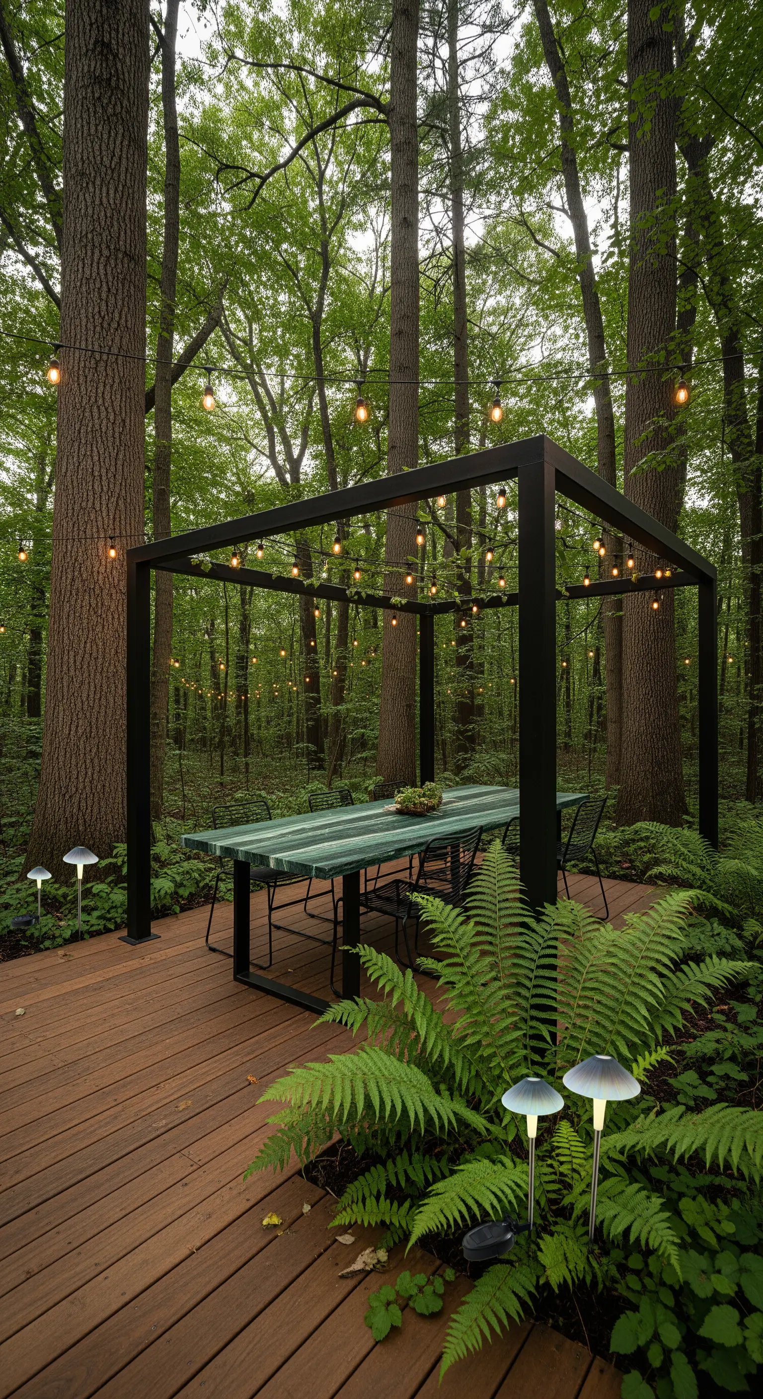 Struttura a pergola nera in un bosco, con tavolo da pranzo e luci a stringa tra gli alberi.