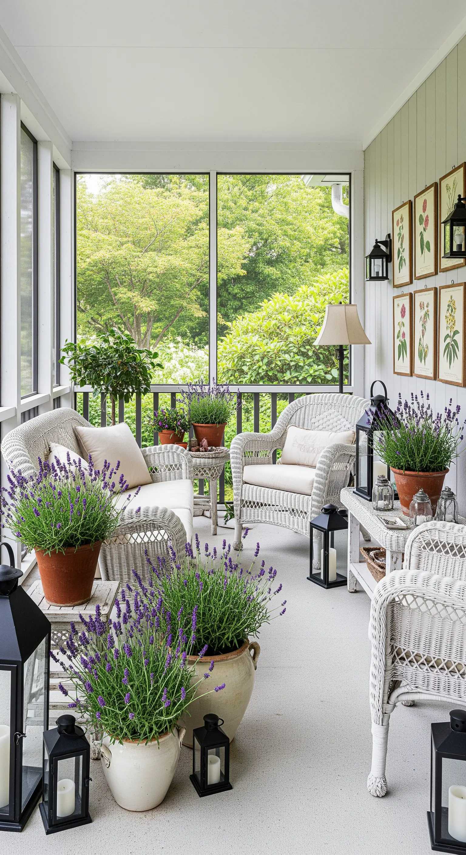 Portico schermato con mobili in vimini bianco, lanterne nere e abbondanti vasi di lavanda.