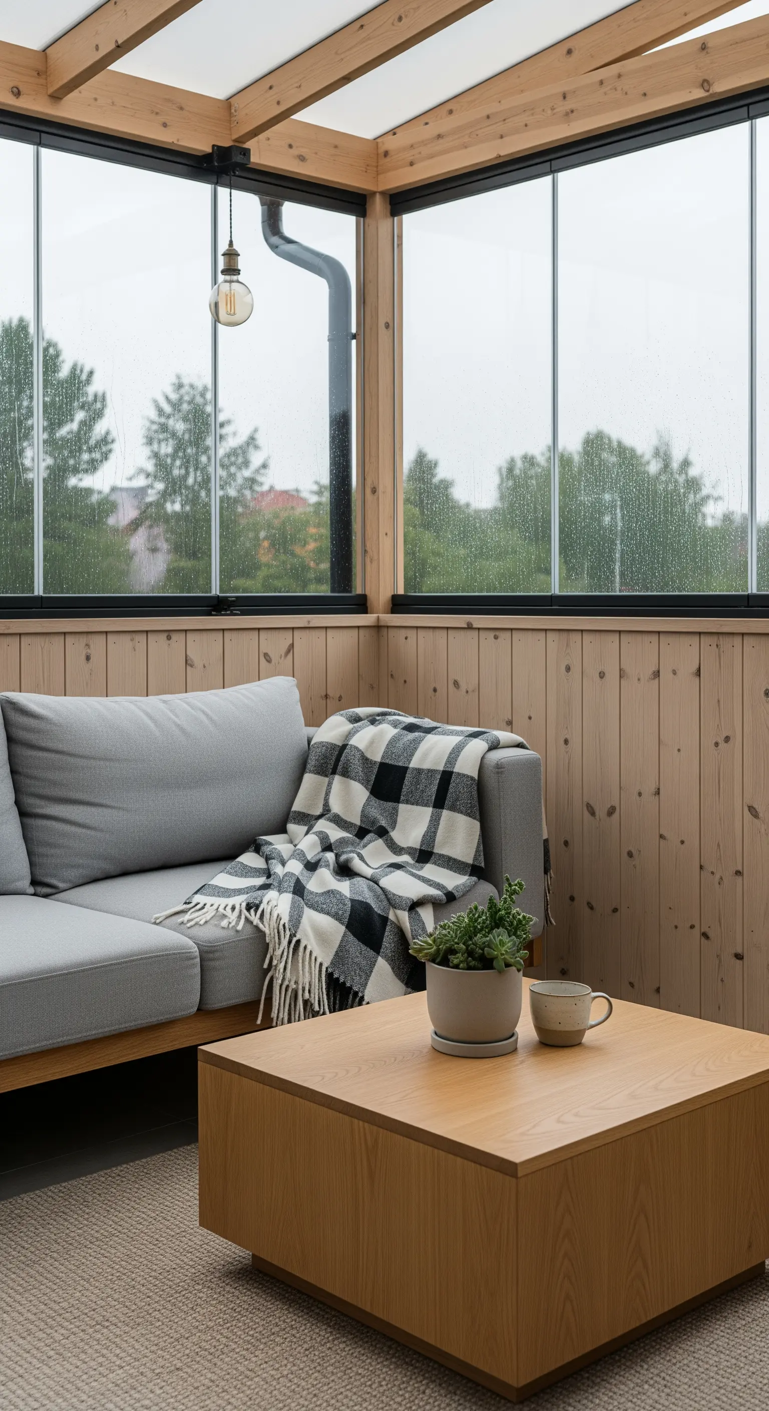 Veranda chiusa con pareti in legno chiaro, divano grigio e tavolino in rovere
