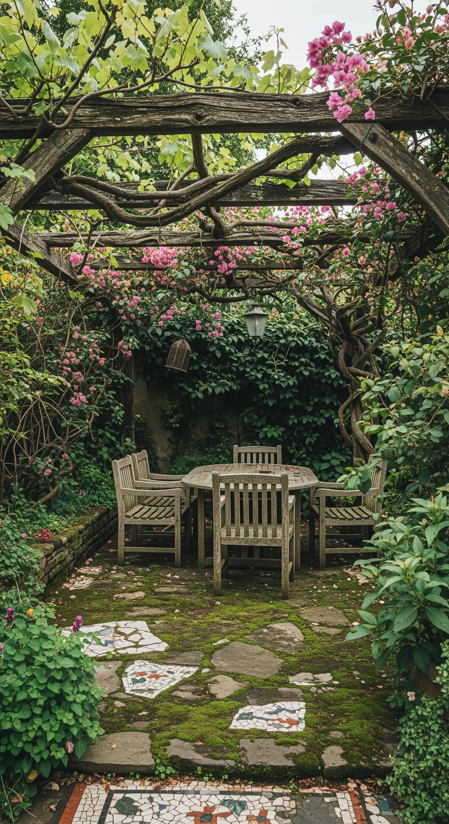 Angolo pranzo in un giardino rigoglioso, sotto una pergola di legno invecchiato.
