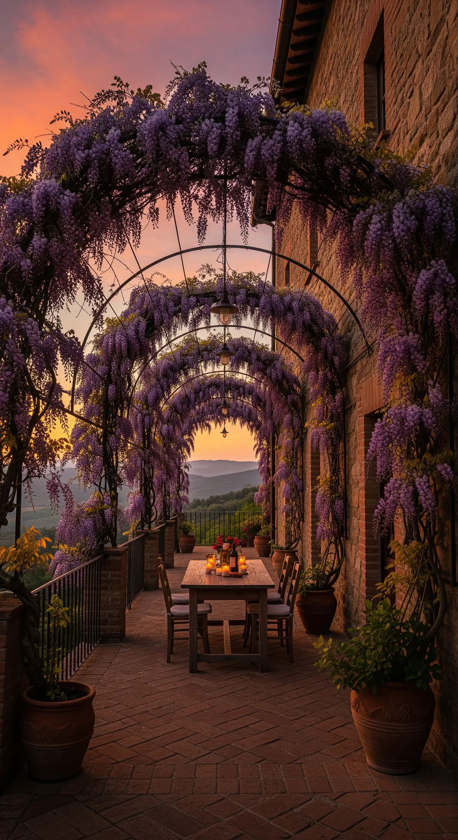 Terrazza al tramonto con tavolo apparecchiato sotto un pergolato coperto di glicine viola.