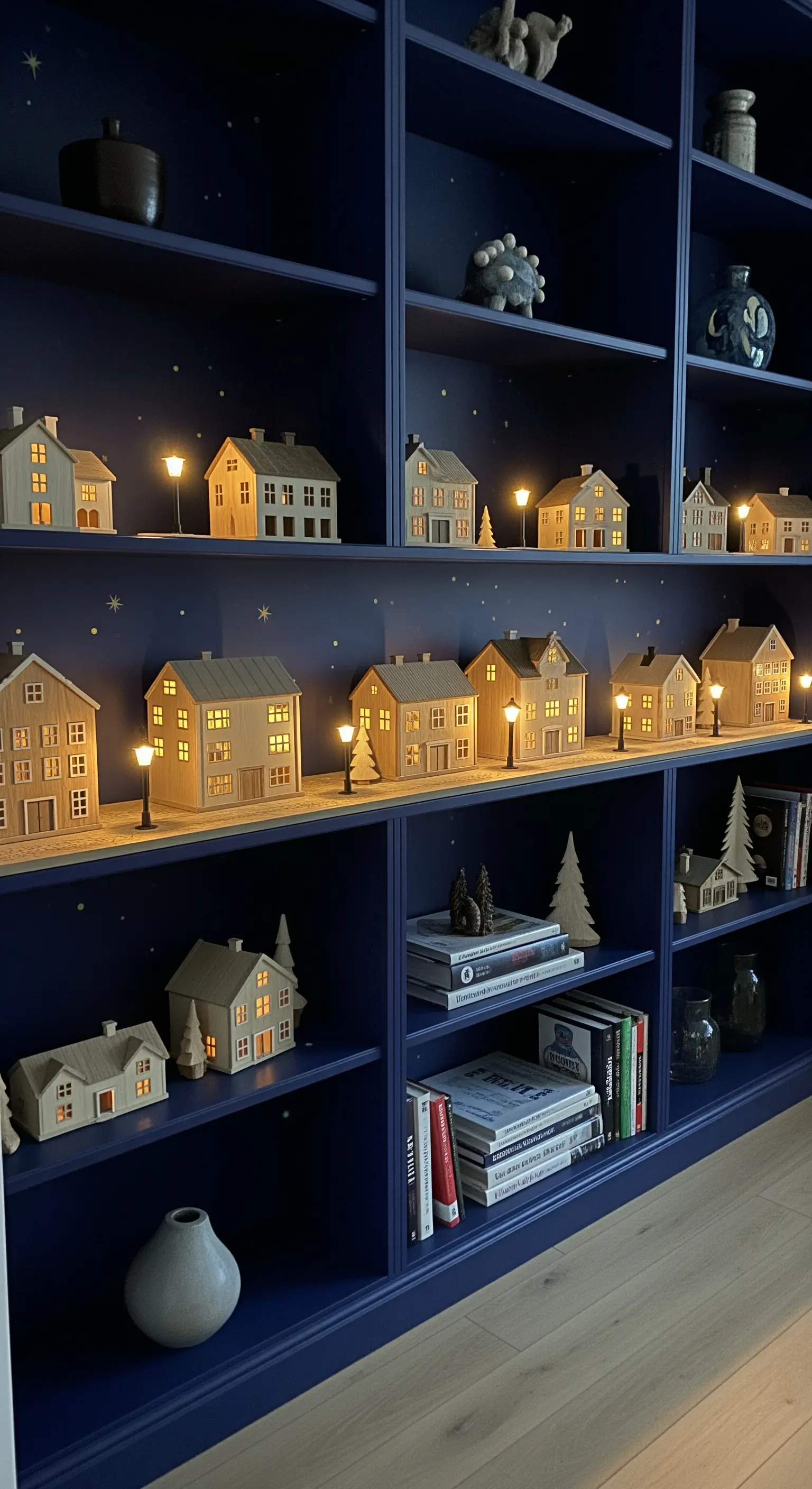 Villaggio di casette illuminate con piccoli lampioni su un ripiano di una libreria blu scuro.