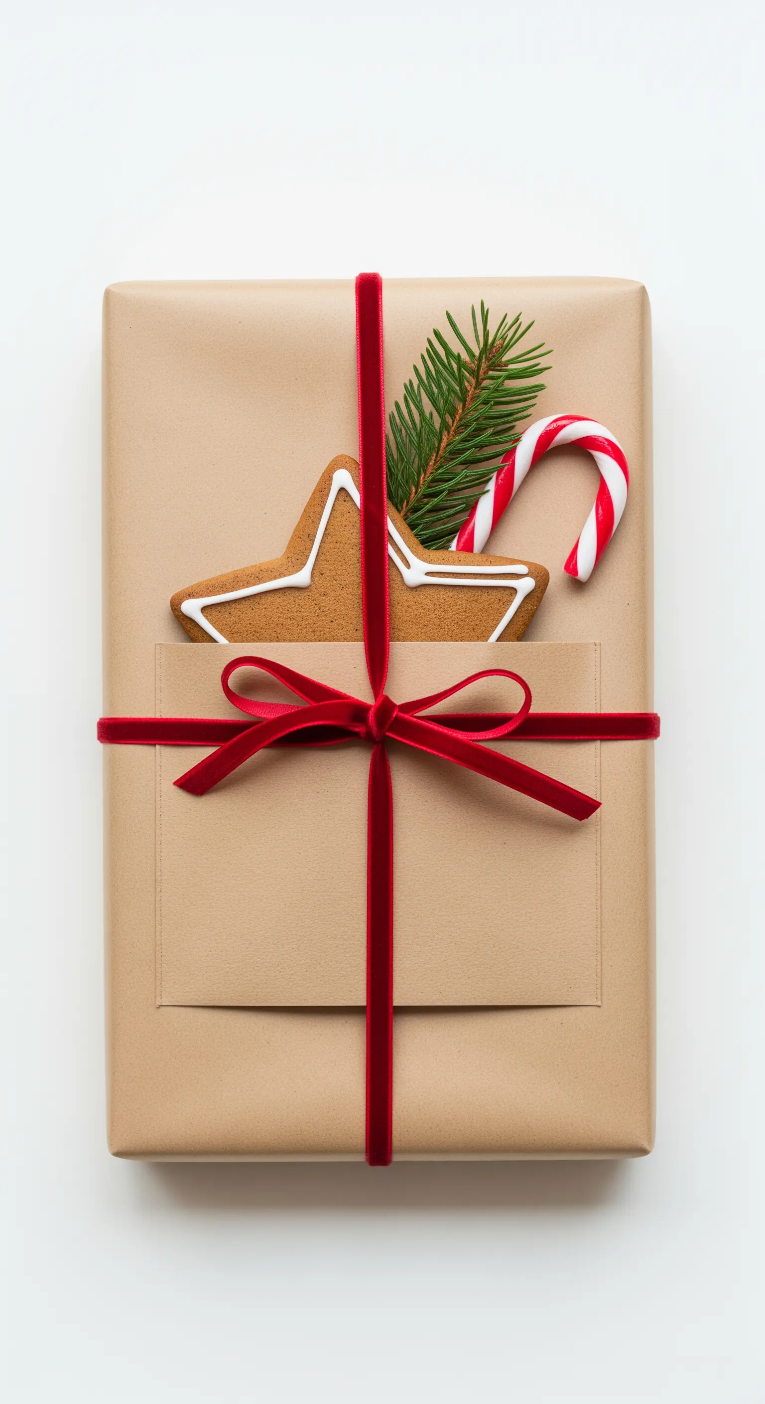 Pacchetto regalo con tasca in carta kraft che contiene un biscotto e un bastoncino di zucchero.