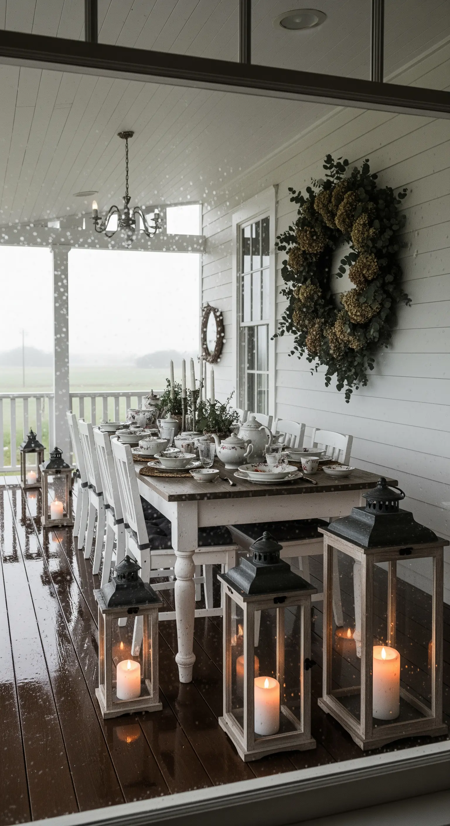 Tavolata in veranda in un giorno di pioggia, illuminata da candele dentro lanterne di legno.