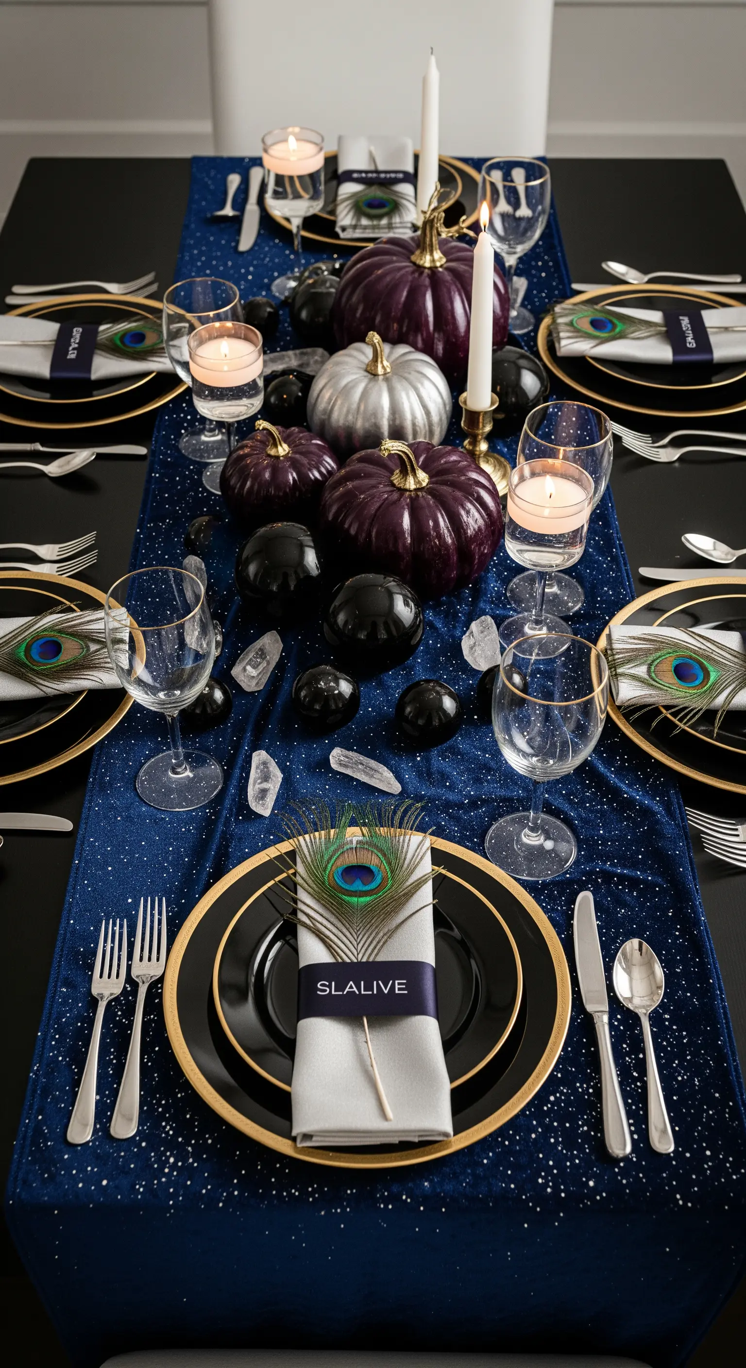 Tavola di Halloween con runner blu notte, zucche viola e piume di pavone come segnaposto.