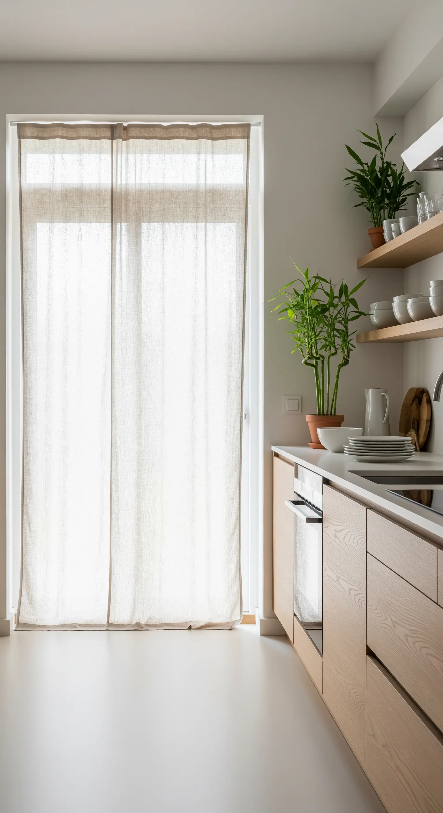 Cucina minimalista con porta finestra coperta da una tenda in lino beige.
