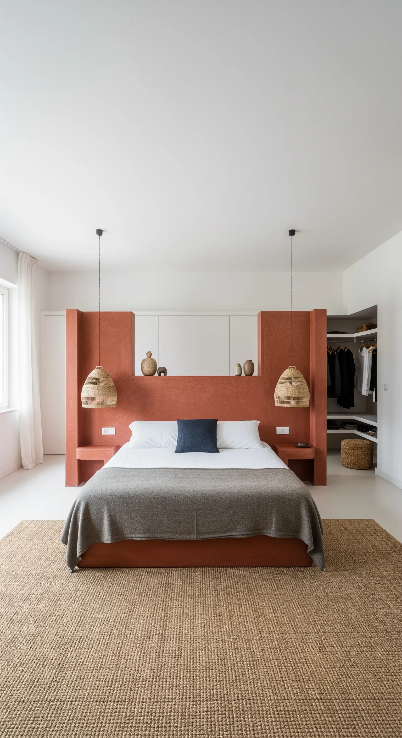 Camera con muretto-testiera in resina terracotta che funge anche da mensola dietro al letto.