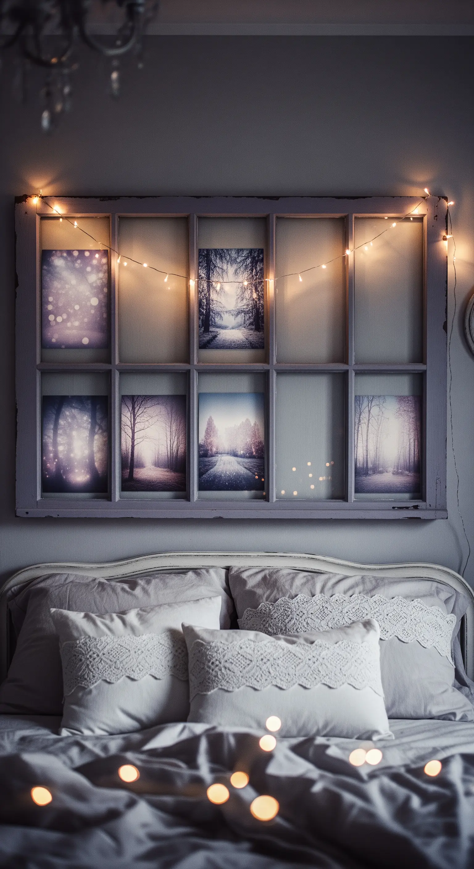 Grande finestra recuperata e usata come testiera del letto, decorata con una stringa di luci calde.