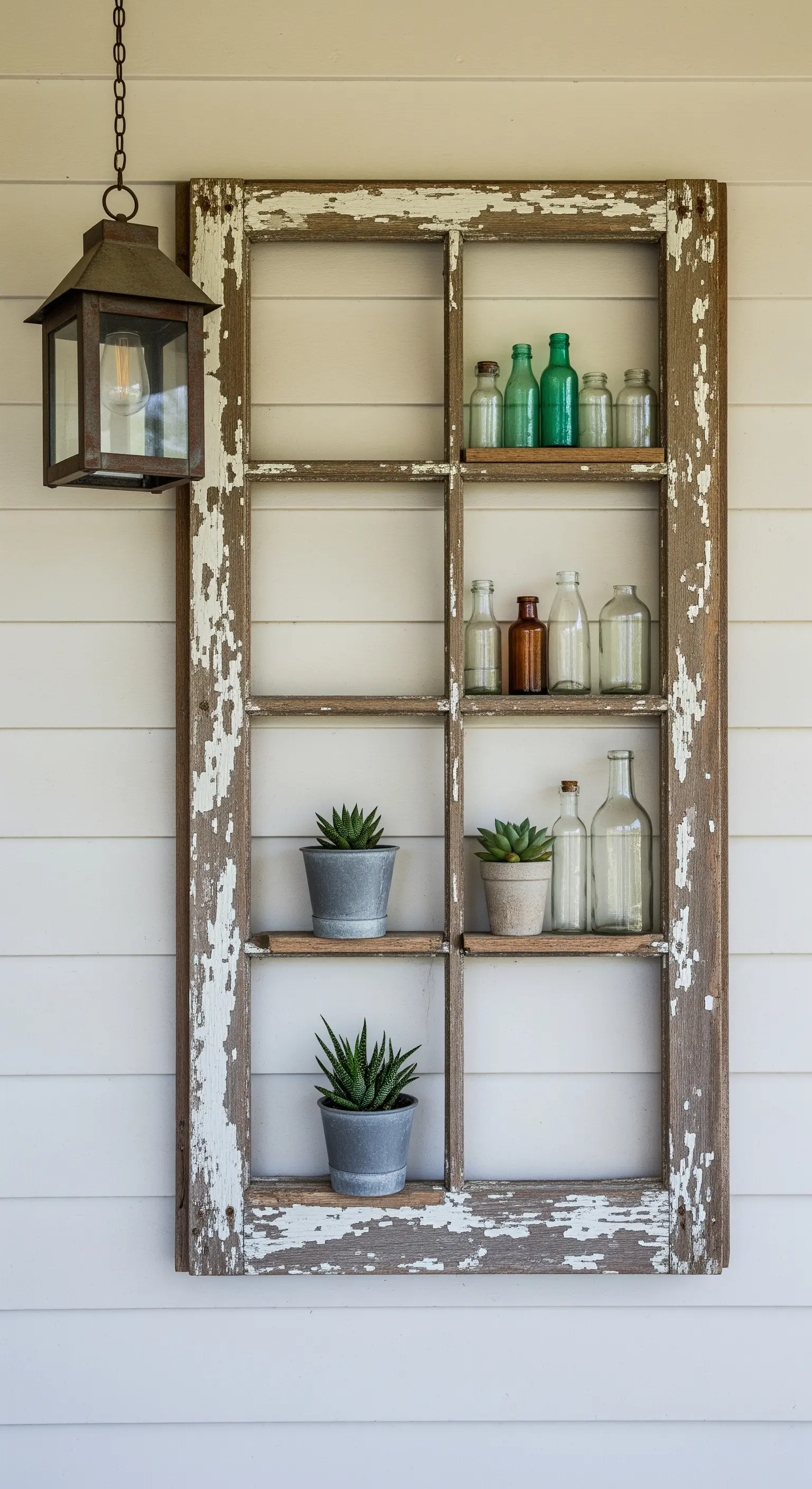 Vecchia cornice di finestra decapé usata come mensola a muro per bottiglie e piccole piante.
