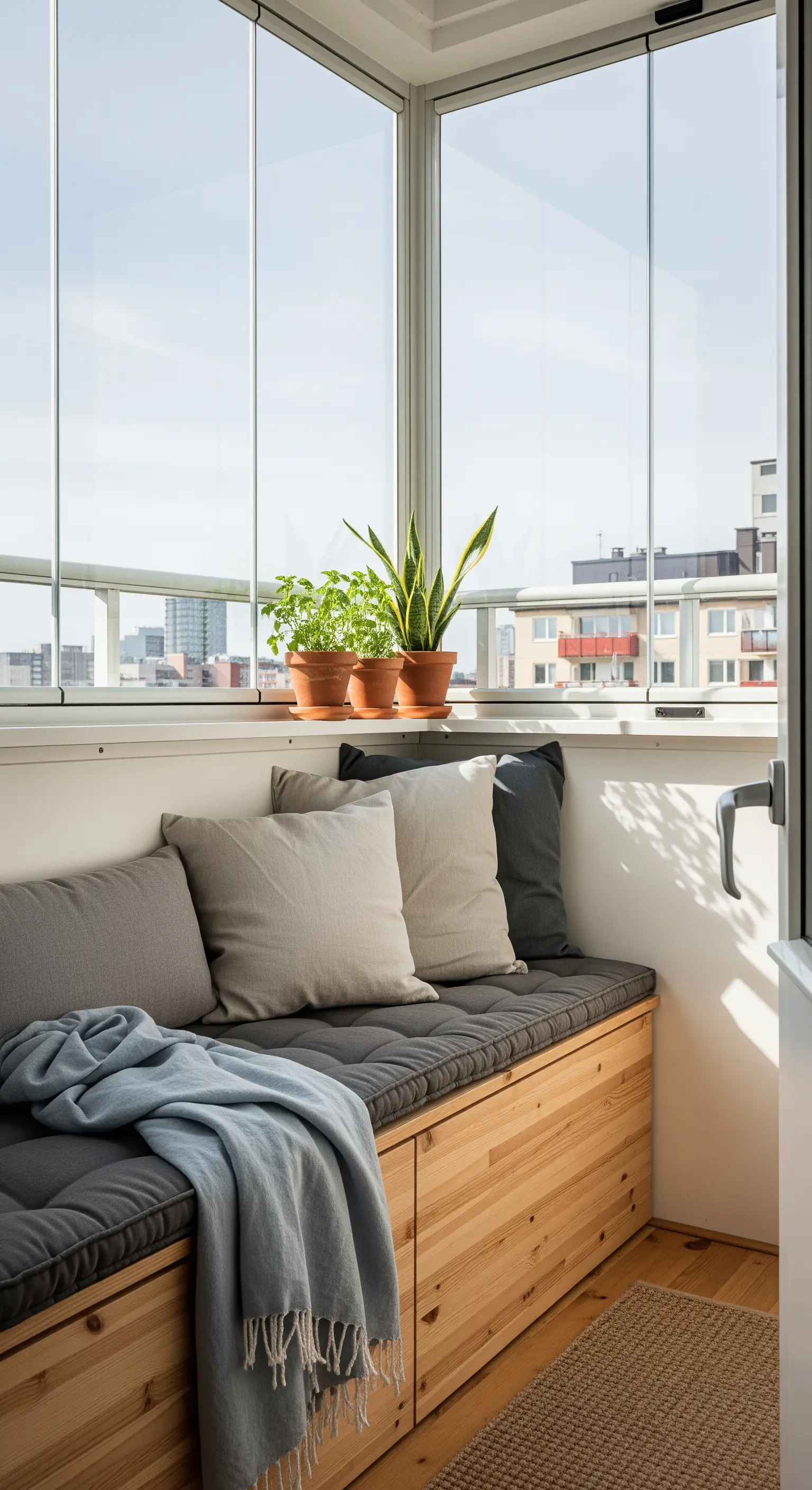 Panca in legno con cuscini grigi in una veranda luminosa, con piante in vaso sul davanzale.